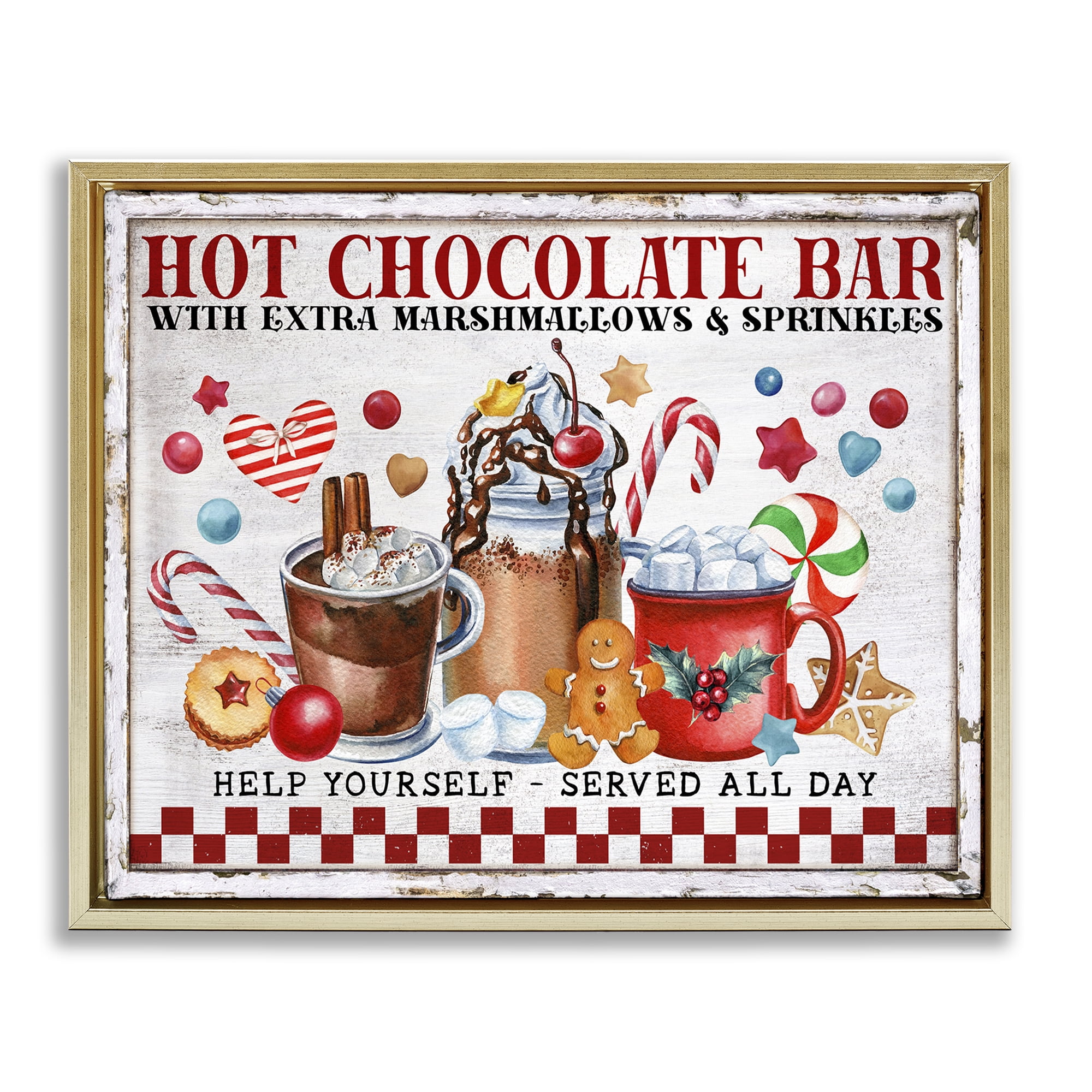 Stupell Industries Hot Chocolate Bar Holiday Painting Gold Floater Framed Canvas Art Prints Wall Art, 21 x 17