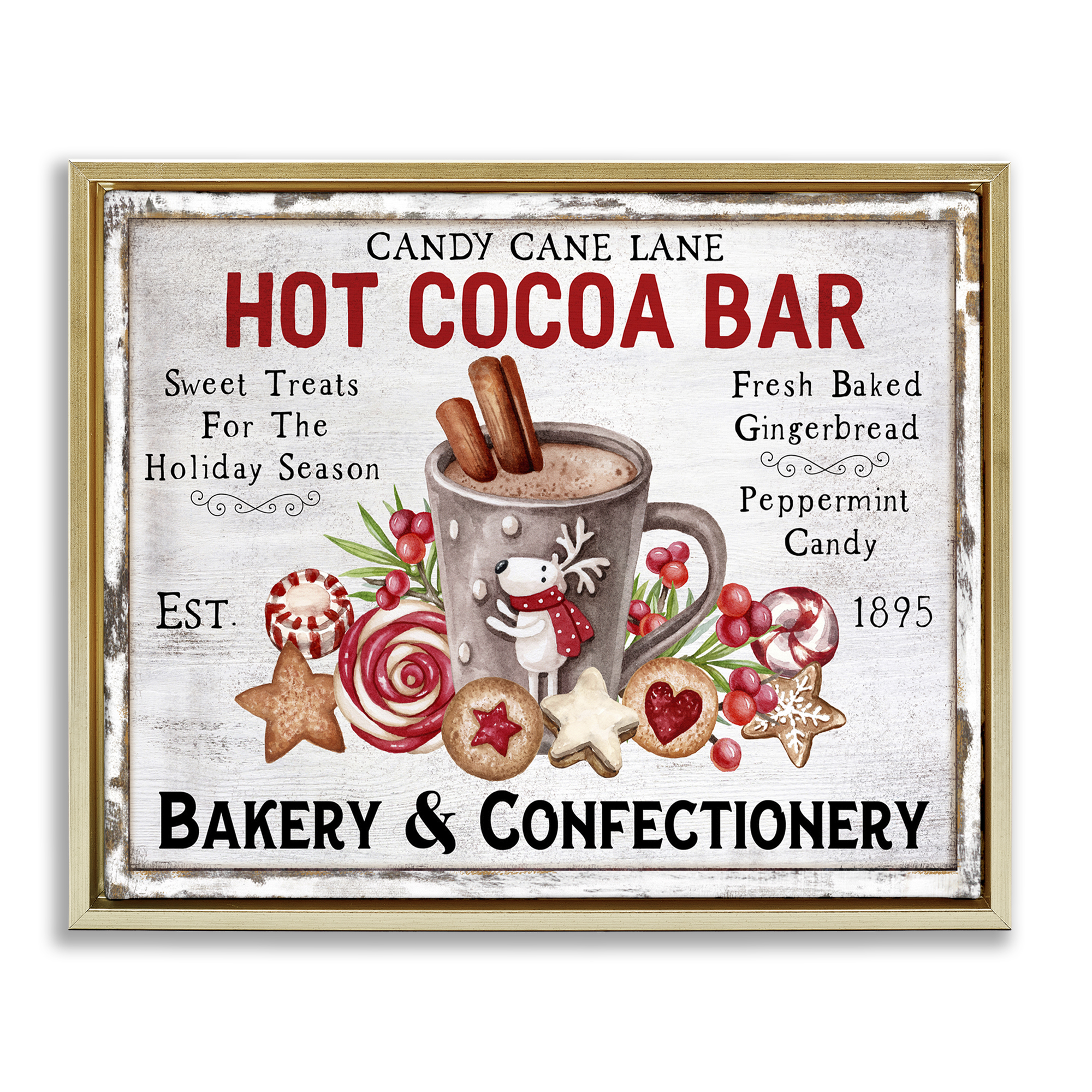Stupell Industries Hot Cocoa Confectionery Holiday Painting Gold Floater Framed Canvas Art Prints Wall Art, 21 x 17