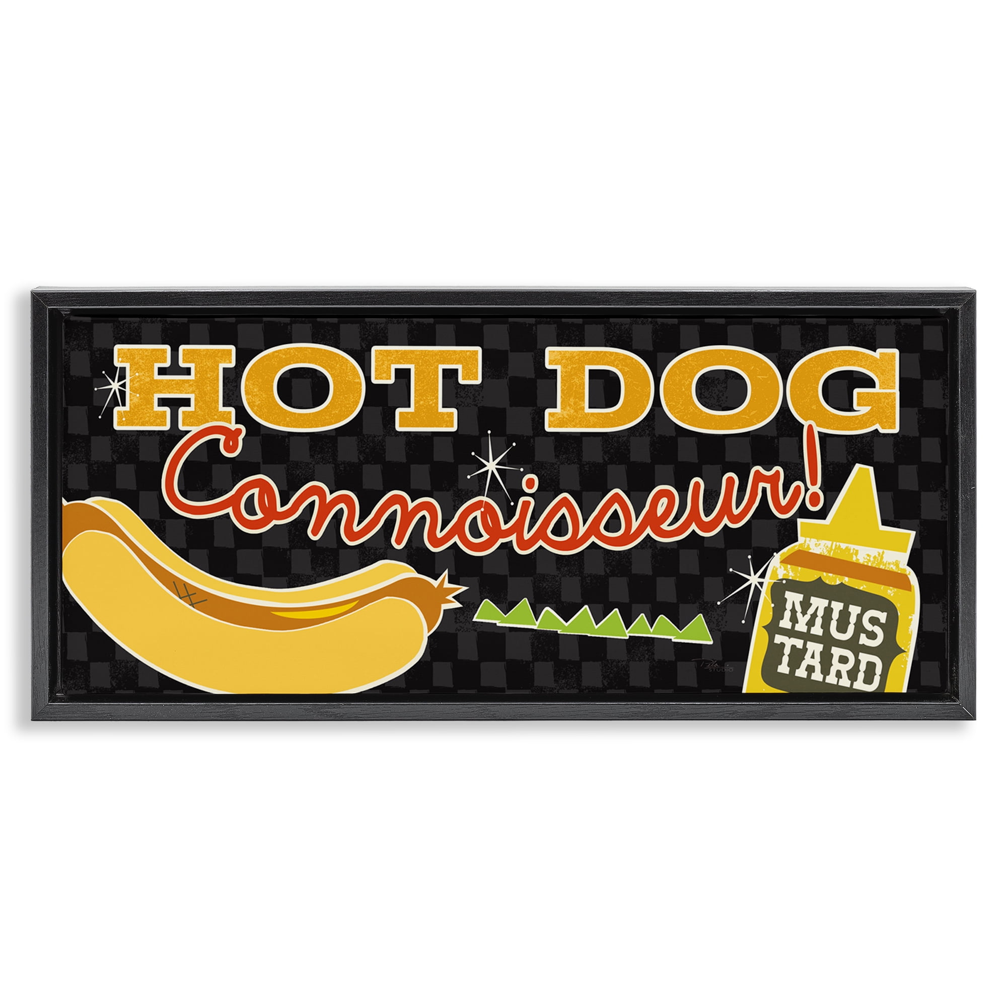 Stupell Industries Hot Dog Connoisseur Food & Beverage Painting Black Floater Framed Canvas Art Print Wall Art, 25 x 11