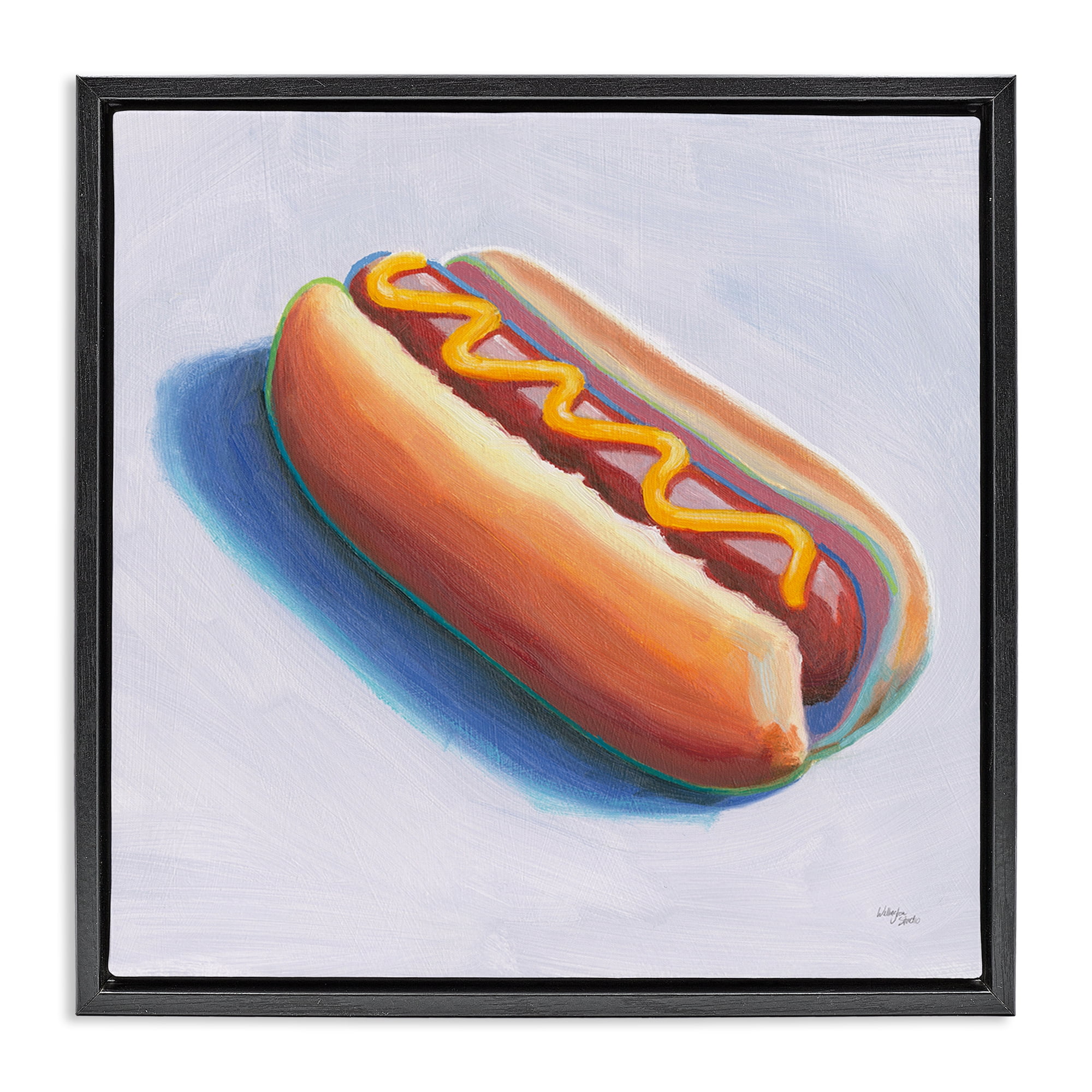 Stupell Industries Hot Dog with Mustard Food & Beverage Painting Black Floater Framed Canvas Art Print Wall Art, 18 x 18