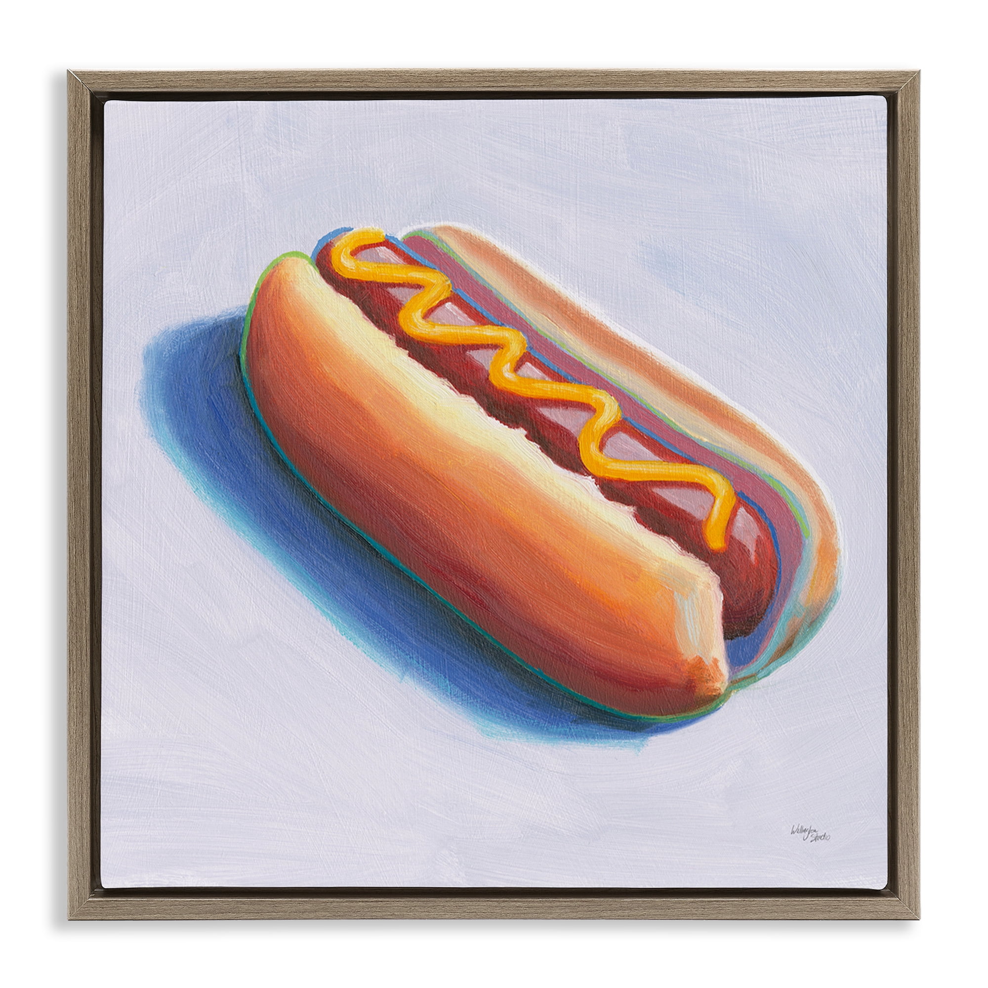 Stupell Industries Hot Dog with Mustard Food & Beverage Painting Brown Floater Framed Canvas Art Print Wall Art, 25 x 25
