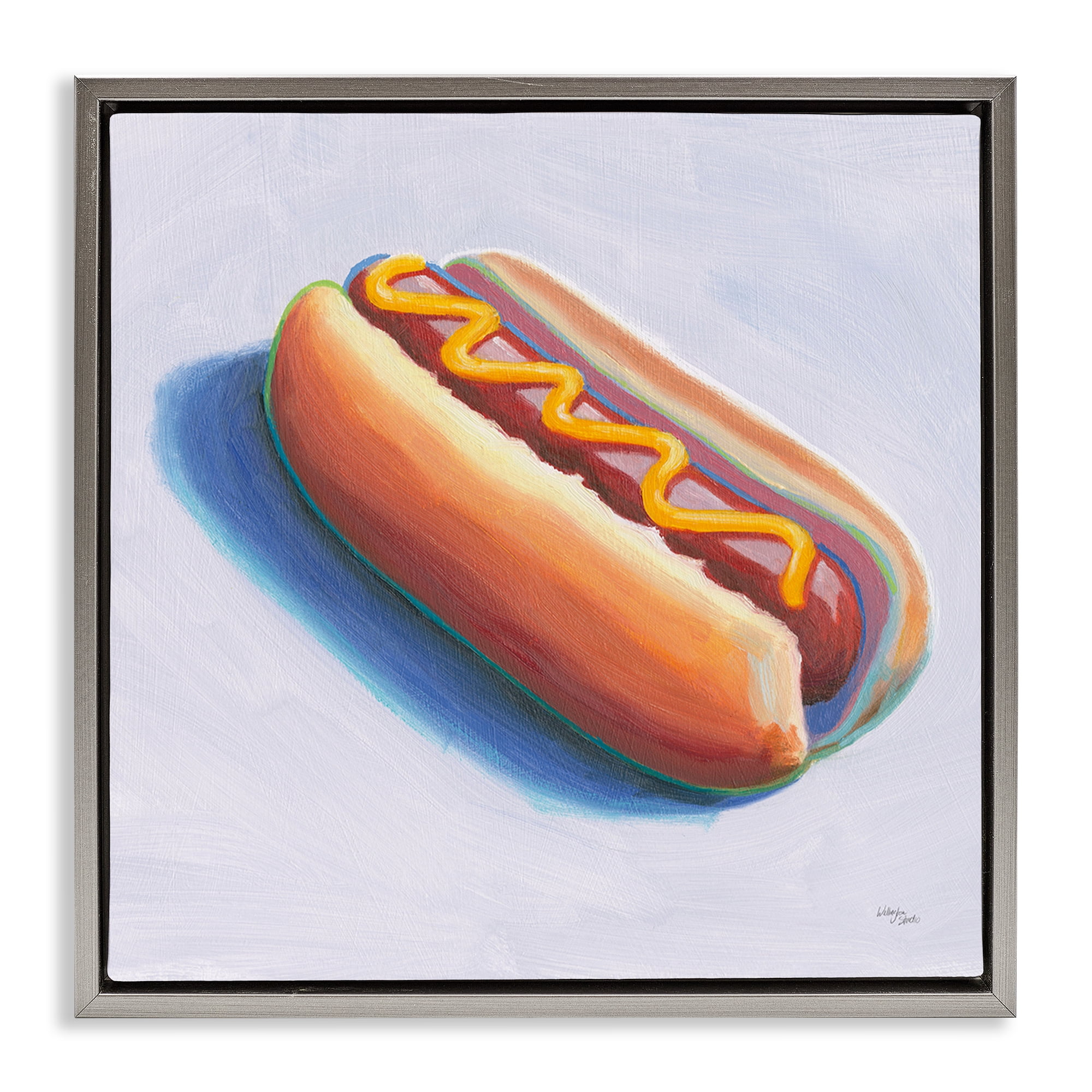 Stupell Industries Hot Dog with Mustard Food & Beverage Painting Gray Floater Framed Canvas Art Print Wall Art, 18 x 18