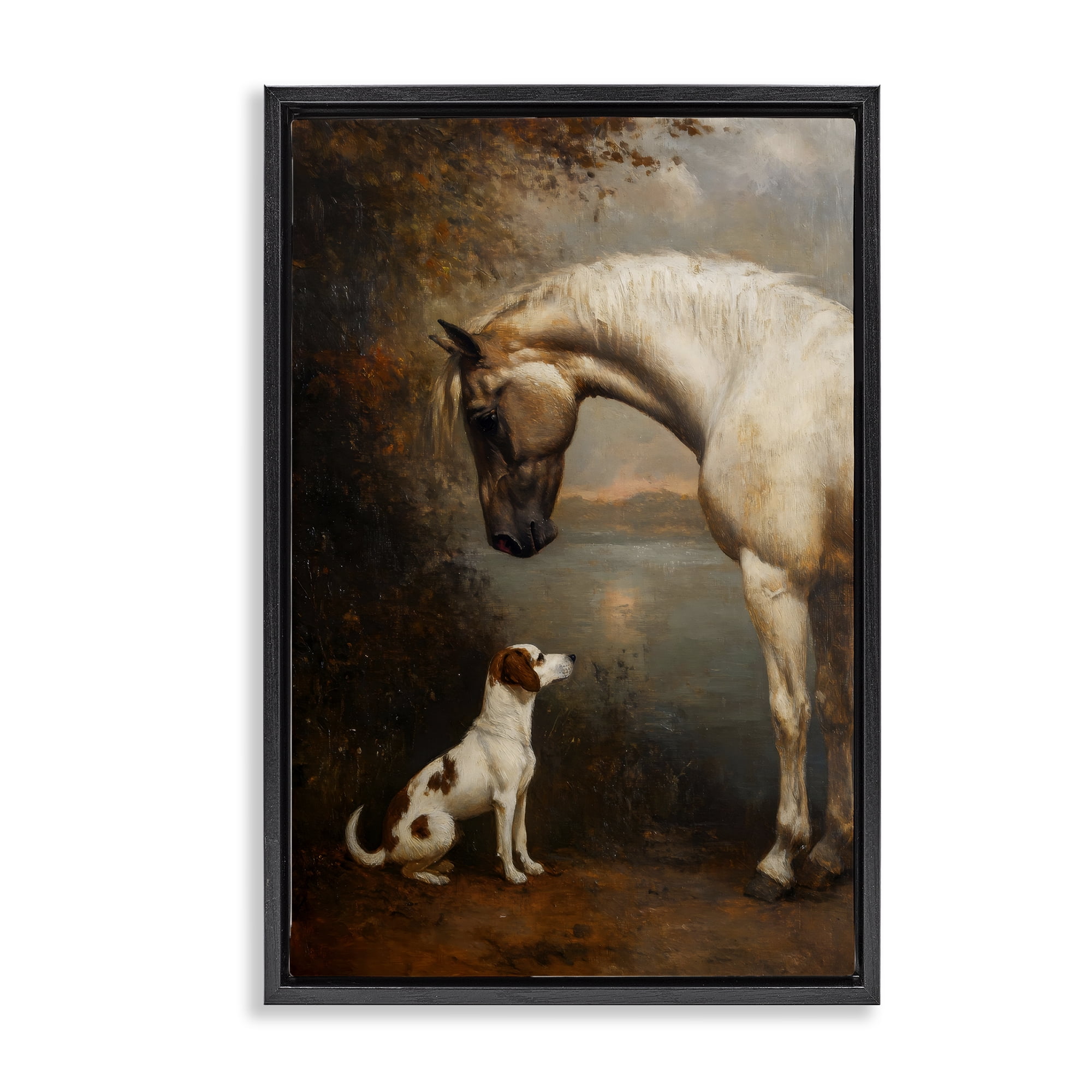 Stupell Industries Hound & Horse Vintage View Black Framed Floater Canvas Wall Art, design by Petal Prints Design