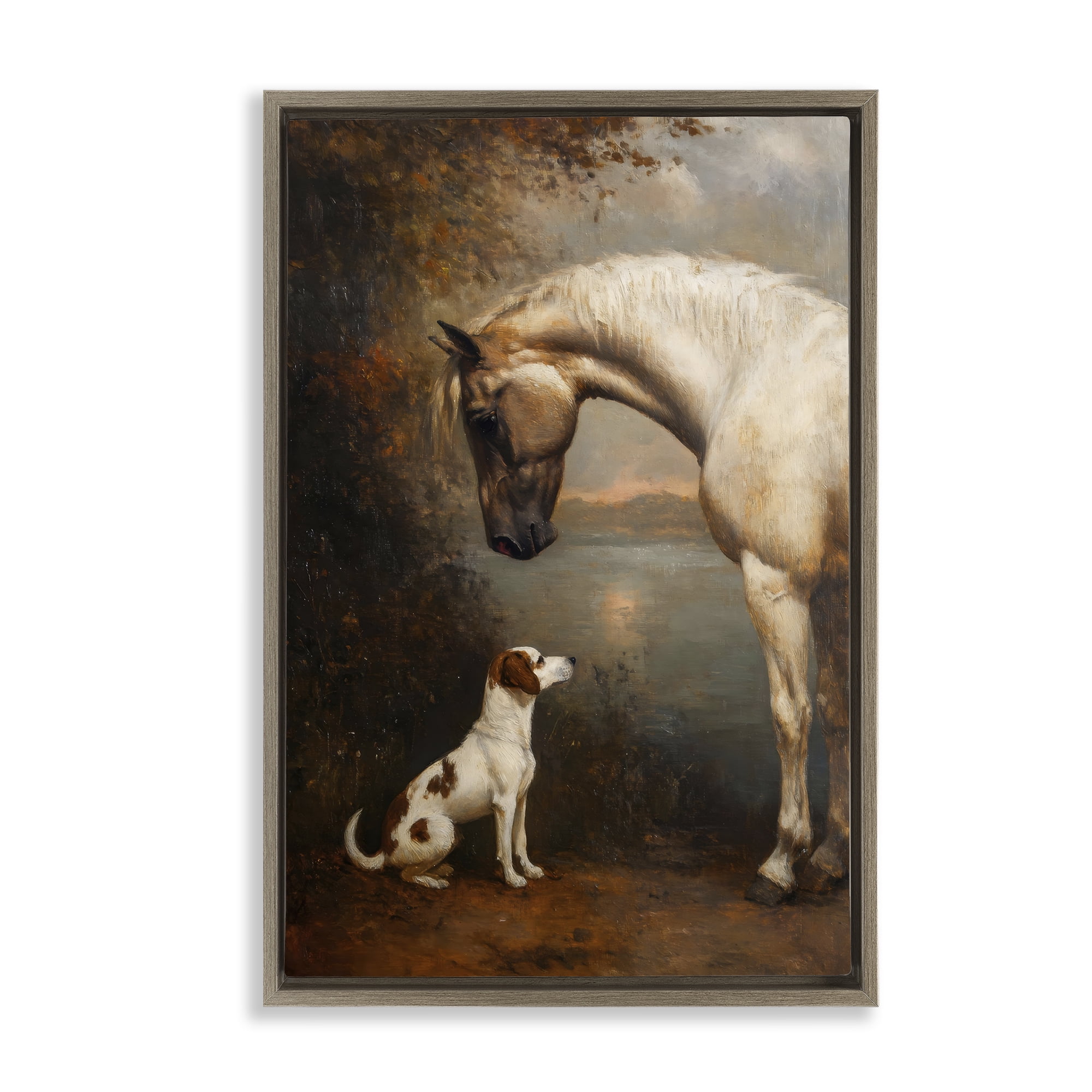Stupell Industries Hound & Horse Vintage View Brown Framed Floater Canvas Wall Art, design by Petal Prints Design