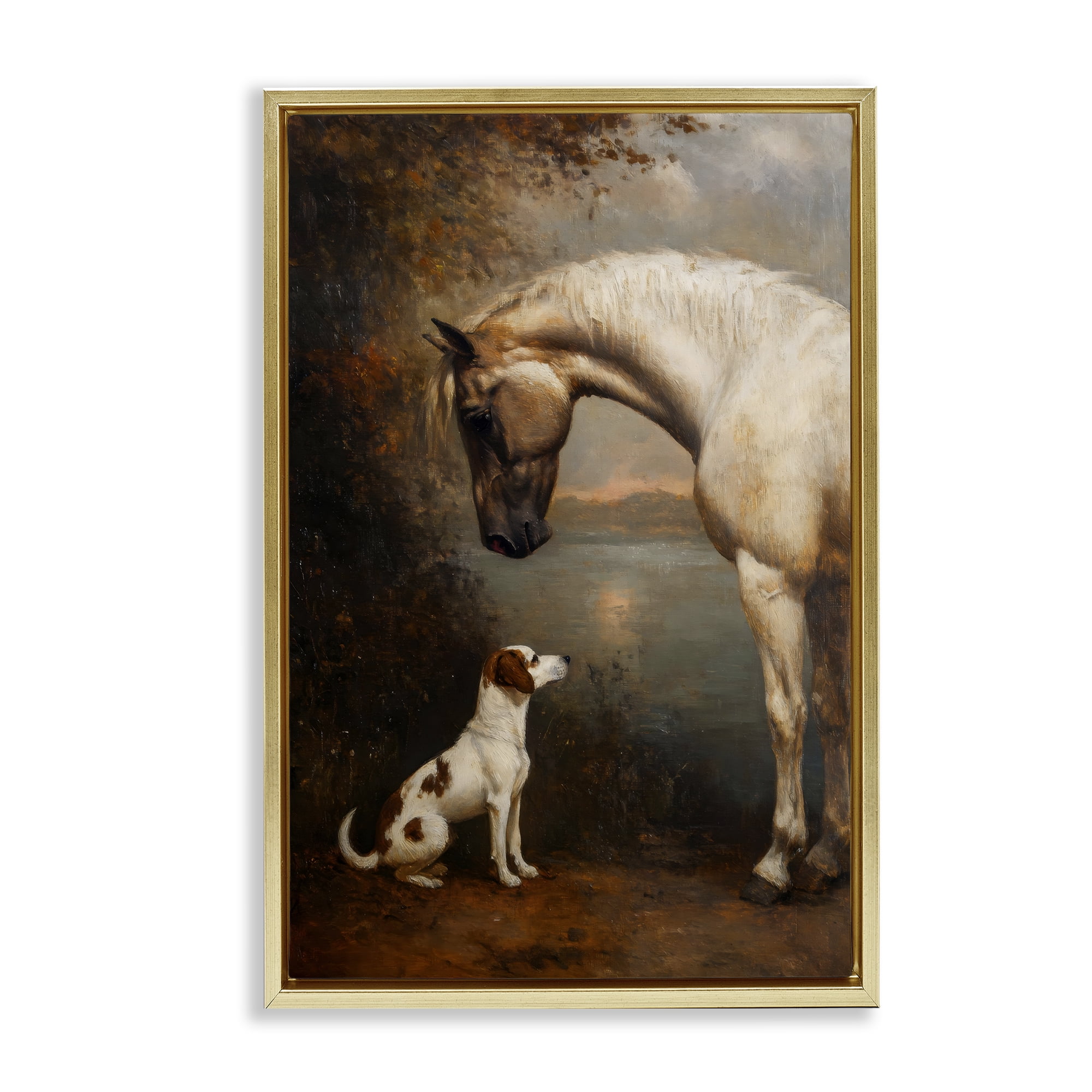 Stupell Industries Hound & Horse Vintage View Gold Framed Floater Canvas Wall Art, design by Petal Prints Design