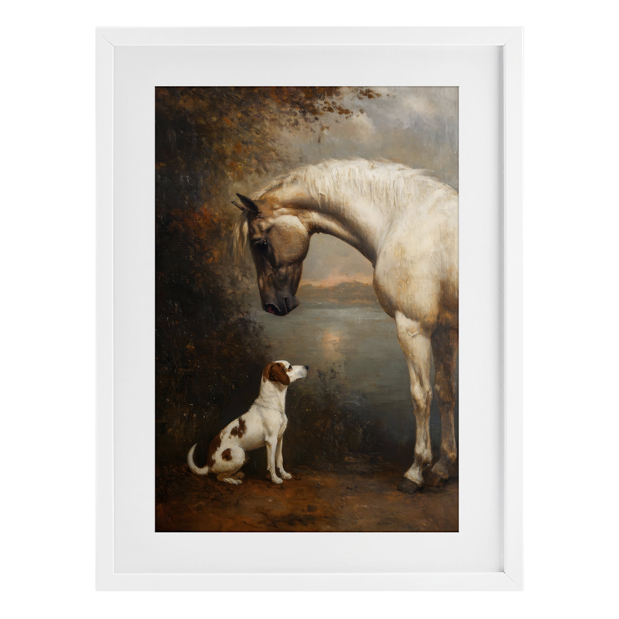 Stupell Industries Hound & Horse Vintage View White Framed Print Under Glass, design by Petal Prints Design