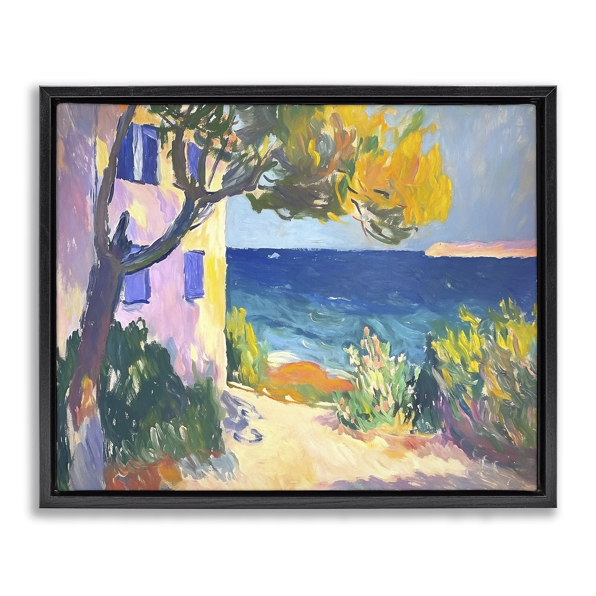 Stupell Industries House On Coastline Coastal Painting Black Floater Framed Canvas Art Print Wall Art, 31 x 25