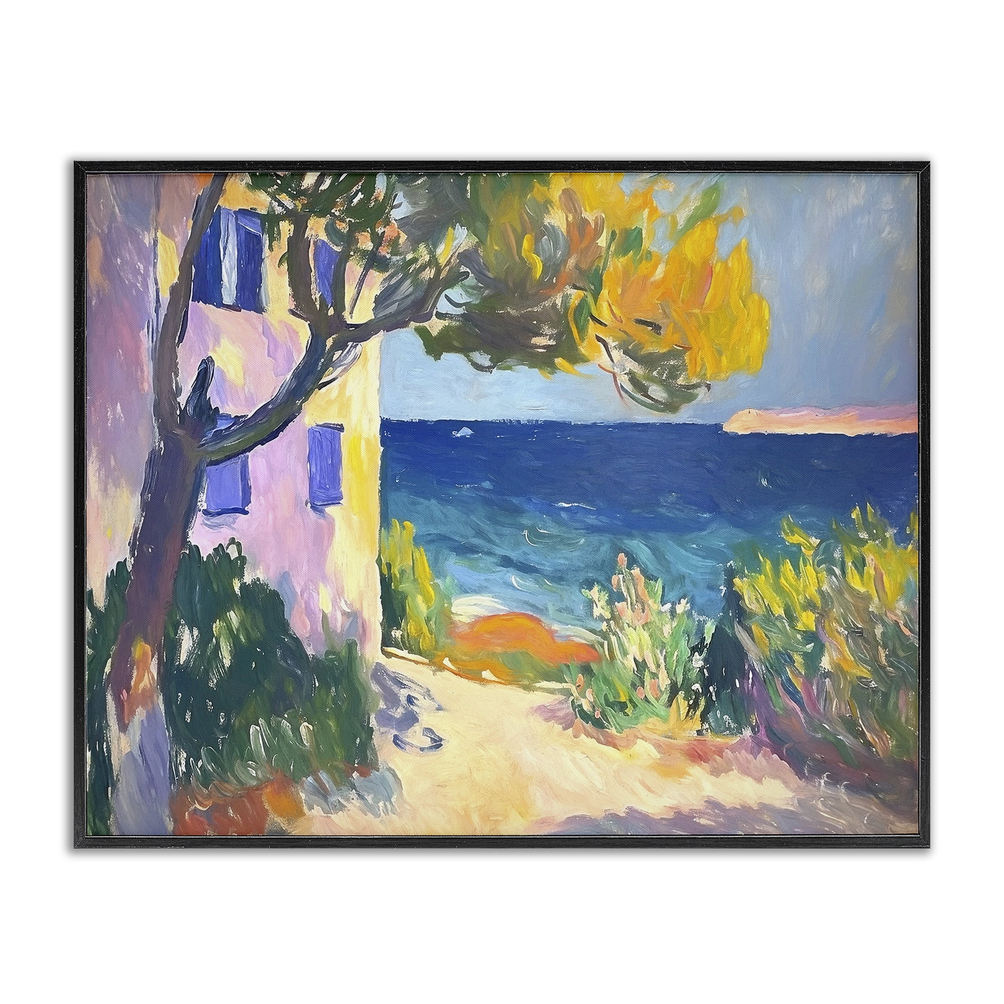 Stupell Industries House On Coastline Coastal Painting Black Framed Art Print Wall Art, 20 x 16