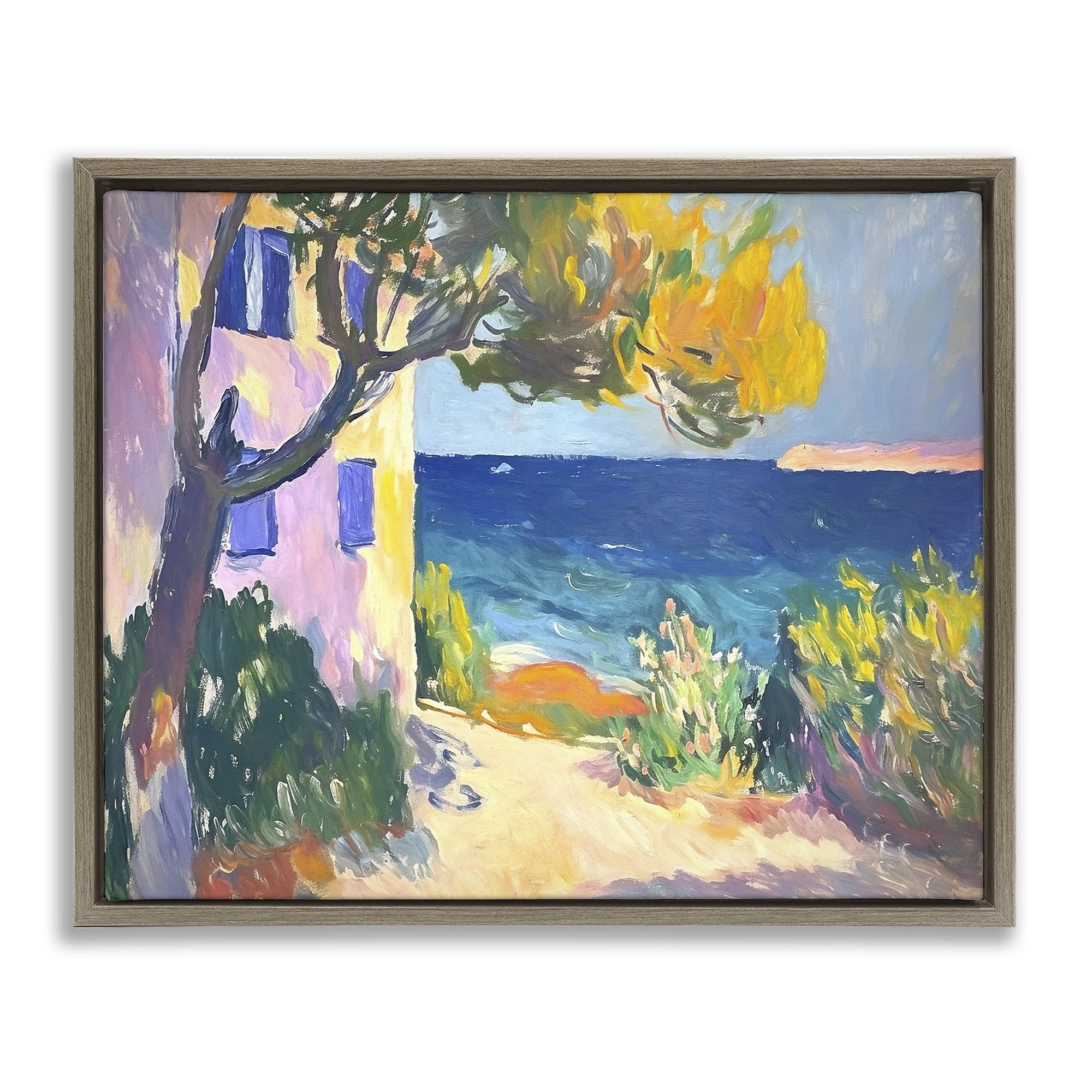 Stupell Industries House On Coastline Coastal Painting Brown Floater Framed Canvas Art Print Wall Art, 21 x 17