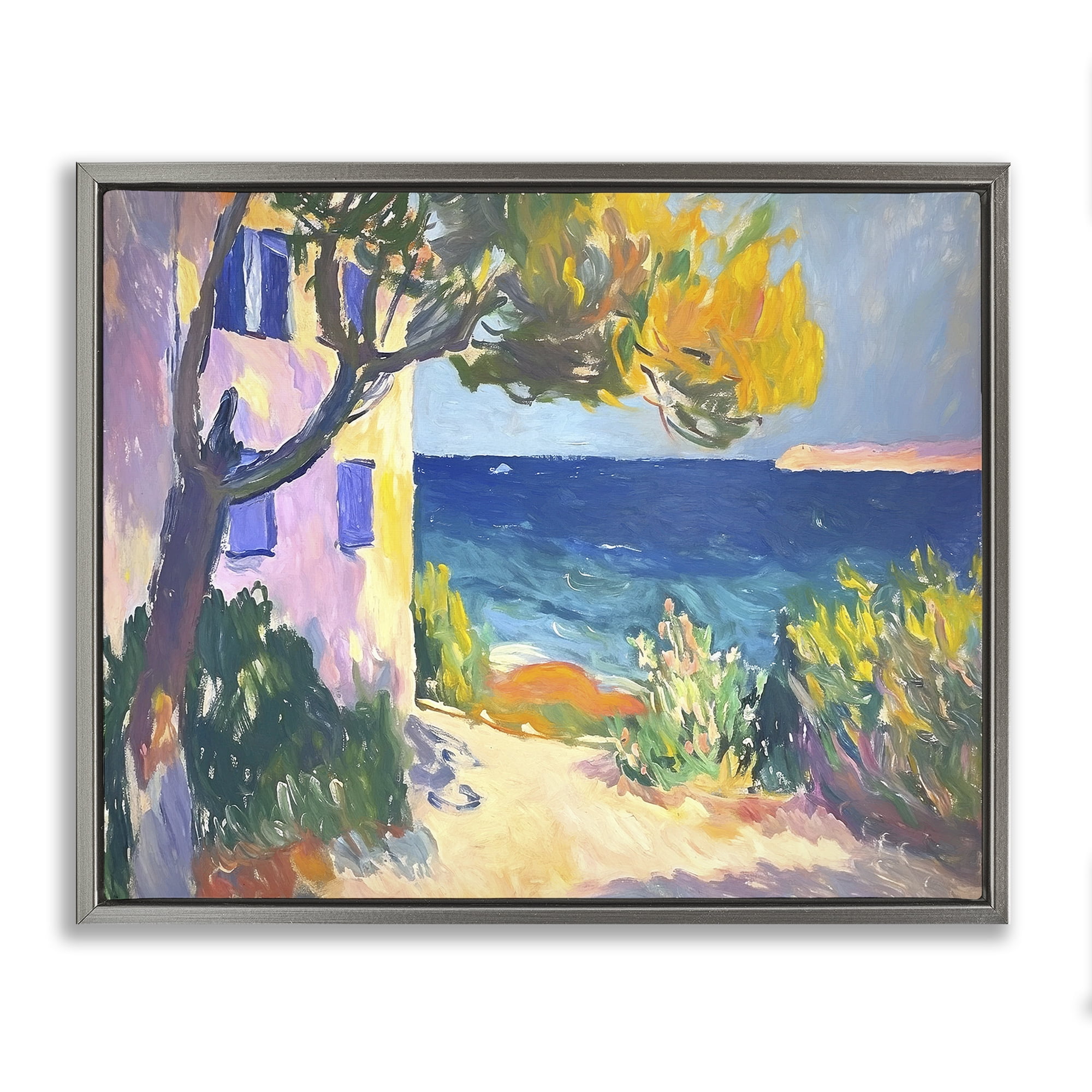 Stupell Industries House On Coastline Coastal Painting Gray Floater Framed Canvas Art Print Wall Art, 31 x 25