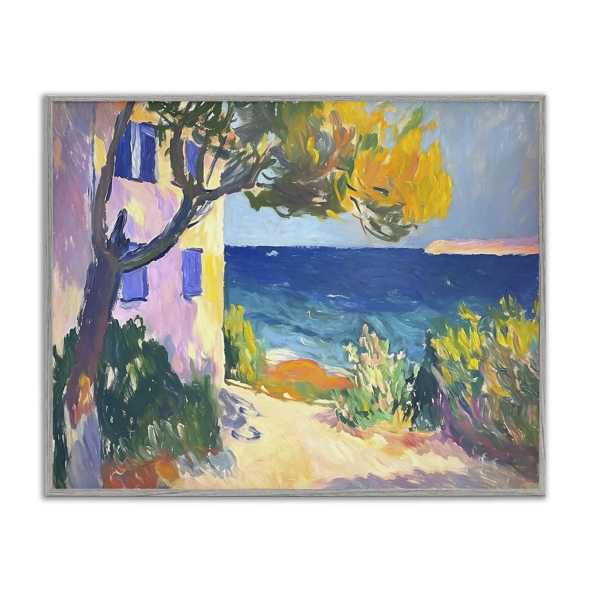 Stupell Industries House On Coastline Coastal Painting Gray Framed Art Print Wall Art, 30 x 24