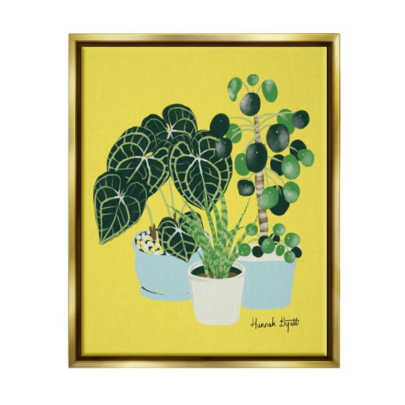 Stupell Industries House Plants on Yellow Botanical & Floral Painting Gold Floater Framed Art Print Wall Art, 17 x 21