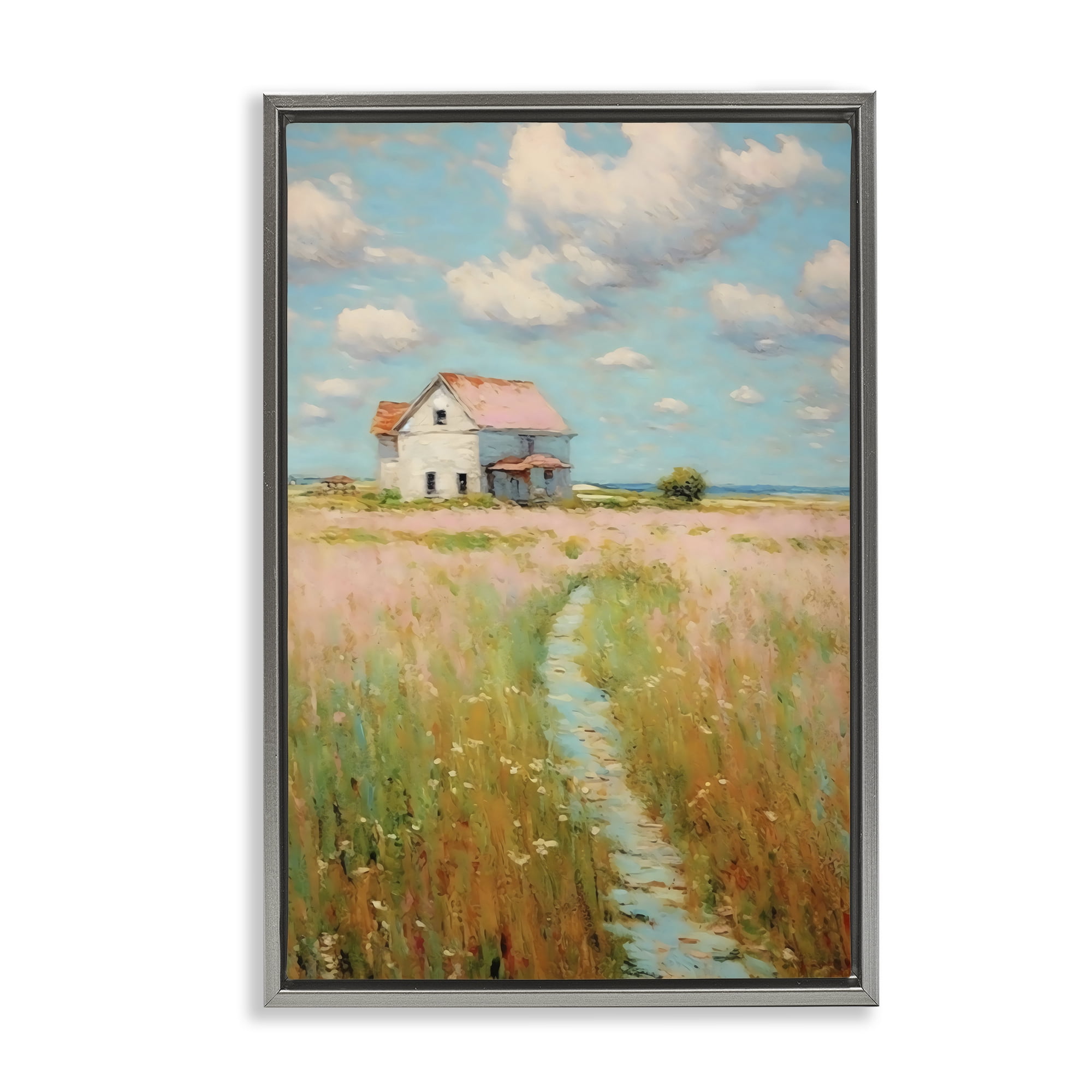 Stupell Industries House in Field of Flowers Gray Framed Floater Canvas Wall Art, design by Creative Studio