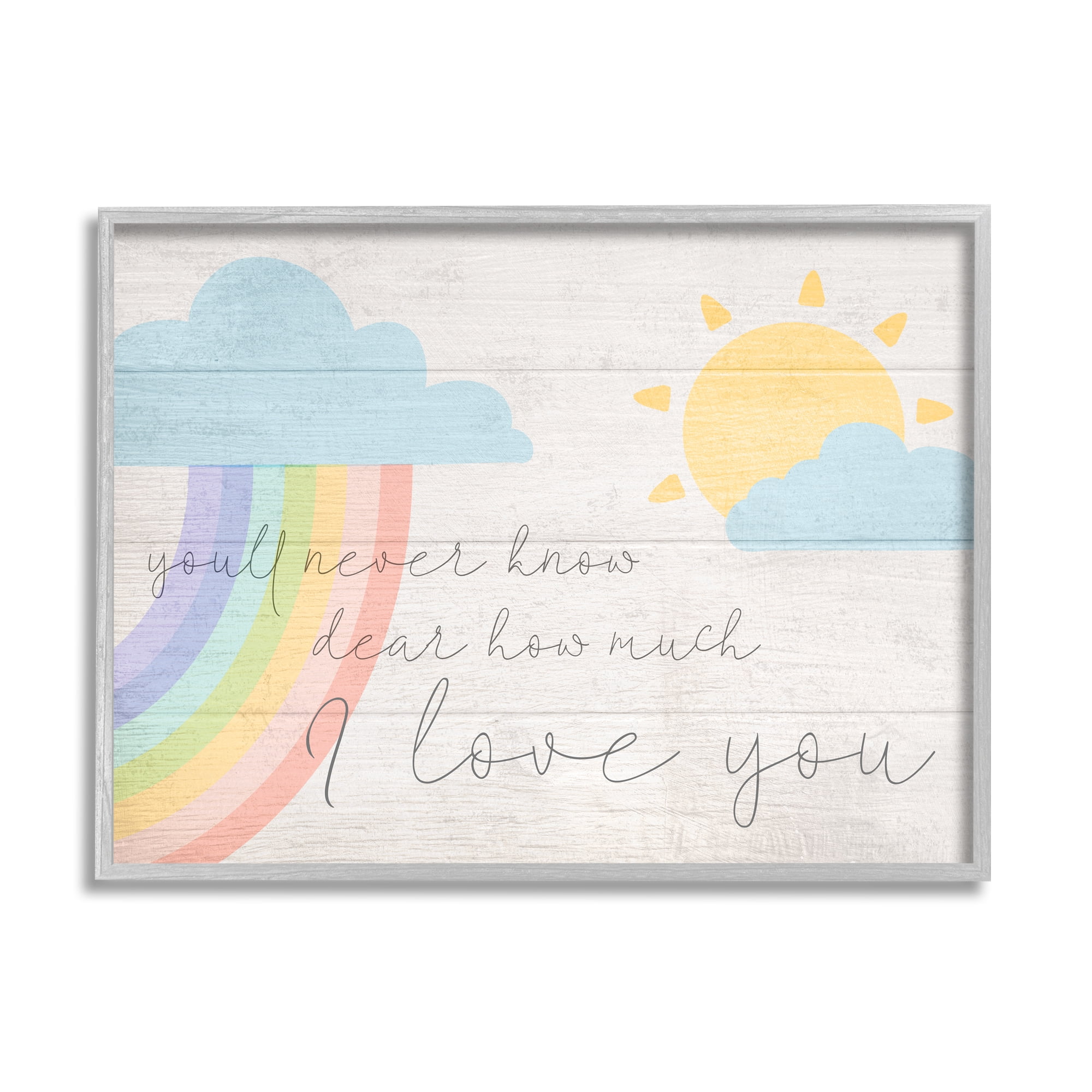 Stupell Industries How Much I Love You Rainbow Clouds and Sun on Planks, 16 x 20,Design by Daphne Polselli
