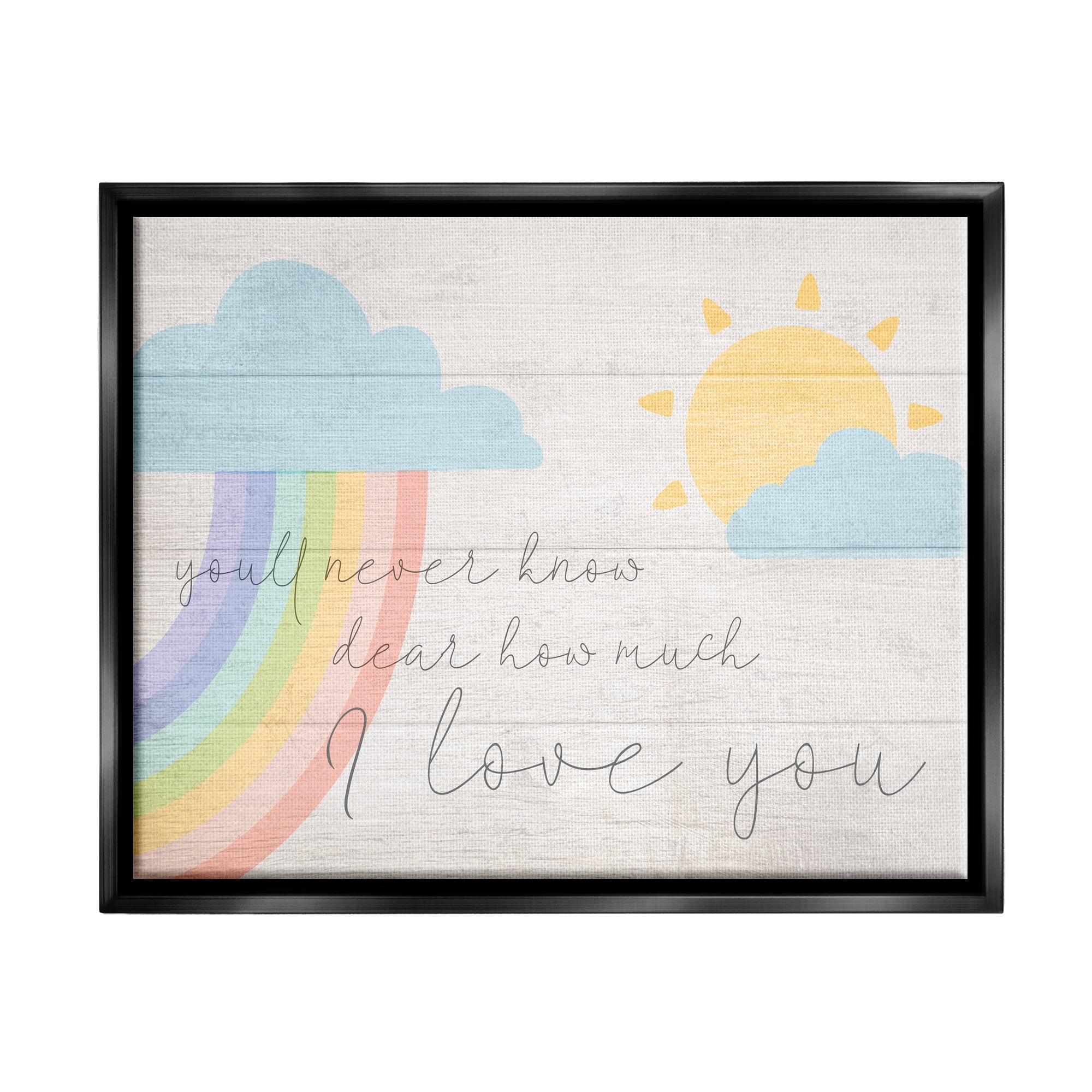 Stupell Industries How Much I Love You Rainbow Clouds and Sun on Planks Jet Black Framed Floating Canvas Wall Art, 24x30, by Daphne Polselli