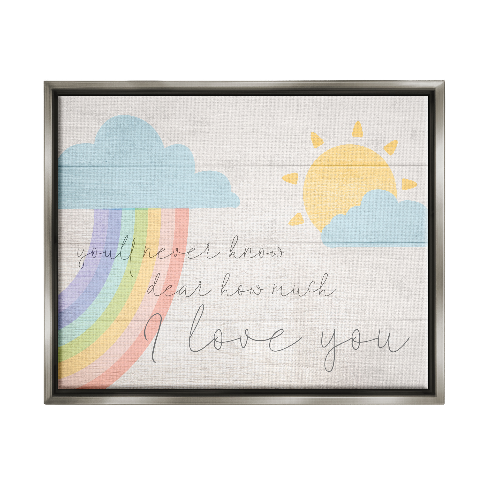 Stupell Industries How Much I Love You Rainbow Clouds and Sun on Planks Luster Gray Framed Floating Canvas Wall Art, 24x30, by Daphne Polselli