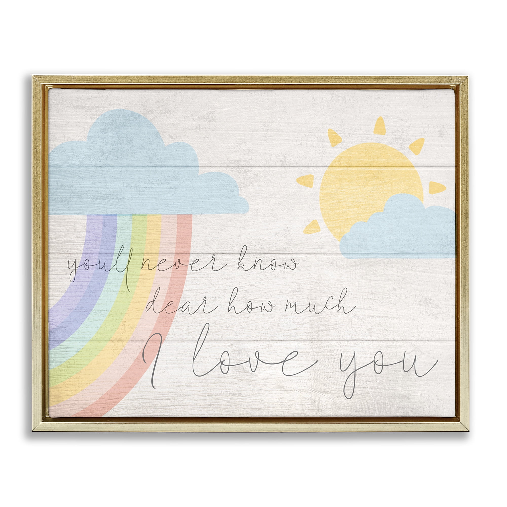 Stupell Industries How Much I Love You Rainbow Clouds and Sun on Planks Metallic Gold Framed Floating Canvas Wall Art, 24x30, by Daphne Polselli
