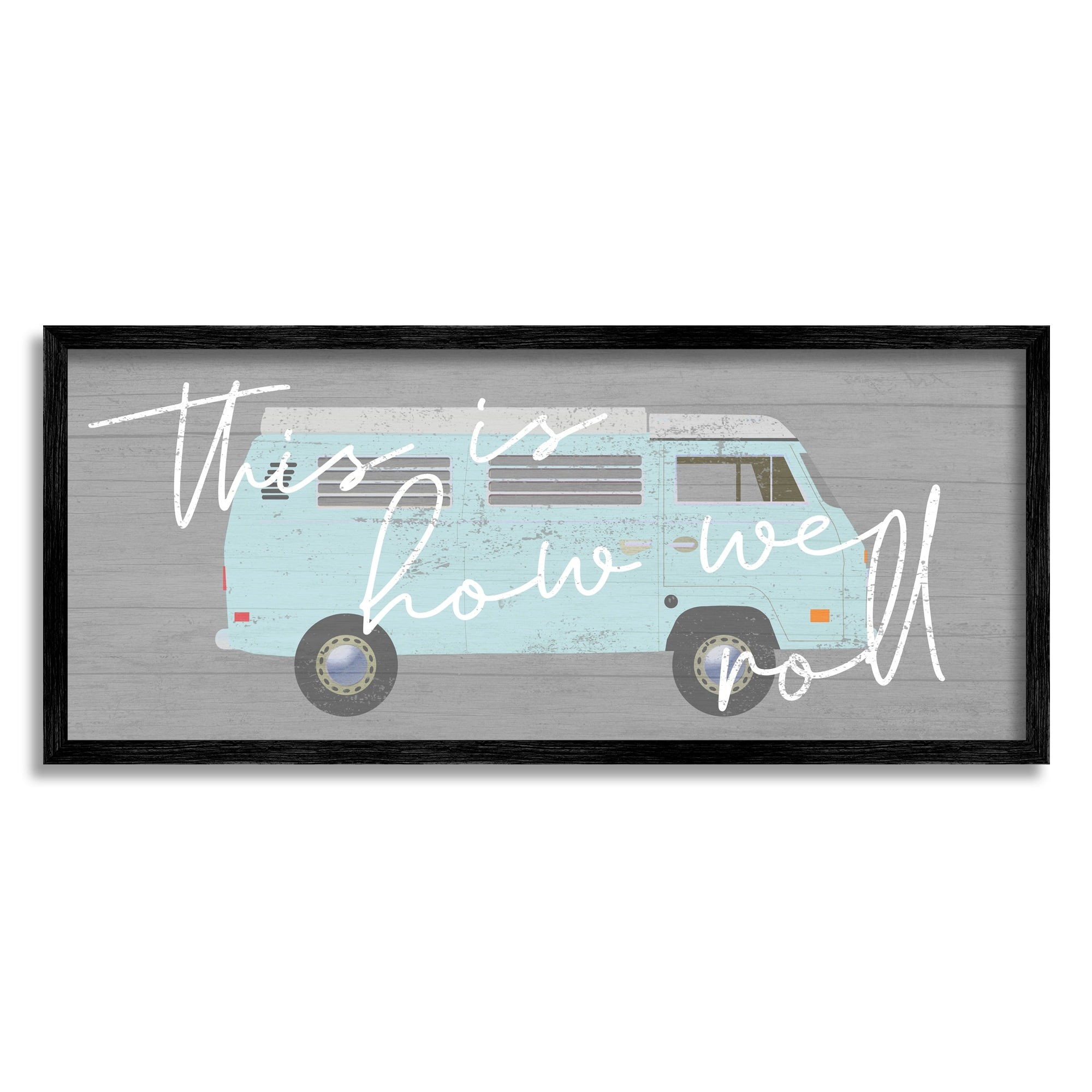 Stupell Industries How We Roll Blue Travel Van Bus Vintage Calligraphy Graphic Art Black Framed Art Print Wall Art, Design by Daphne Polselli