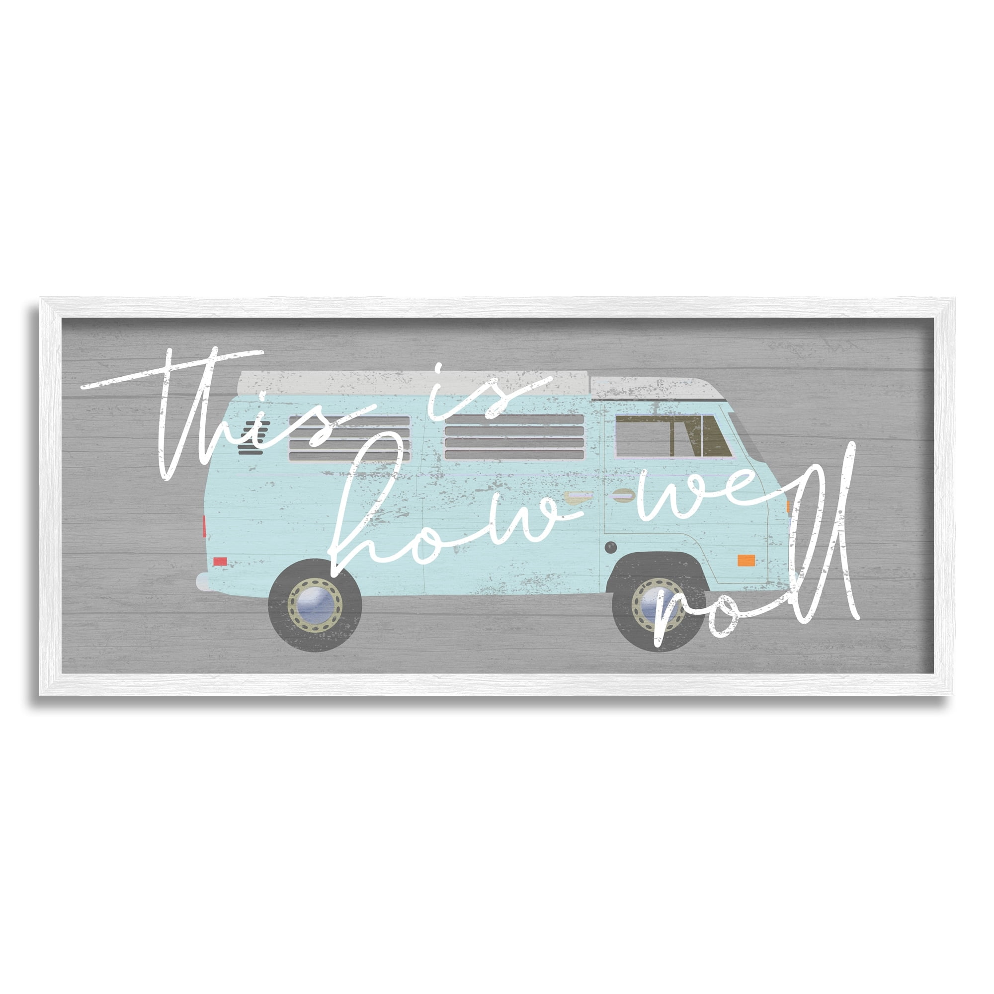 Stupell Industries How We Roll Blue Travel Van Bus Vintage Calligraphy Graphic Art White Framed Art Print Wall Art, Design by Daphne Polselli