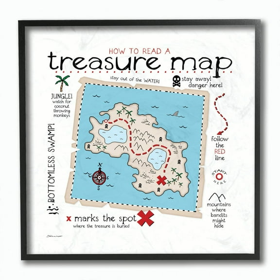 Stupell Industries How to Read Treasure Map Graphic Art Black Framed Art Print Wall Art, 12x12, by Stephanie Workman Marrott