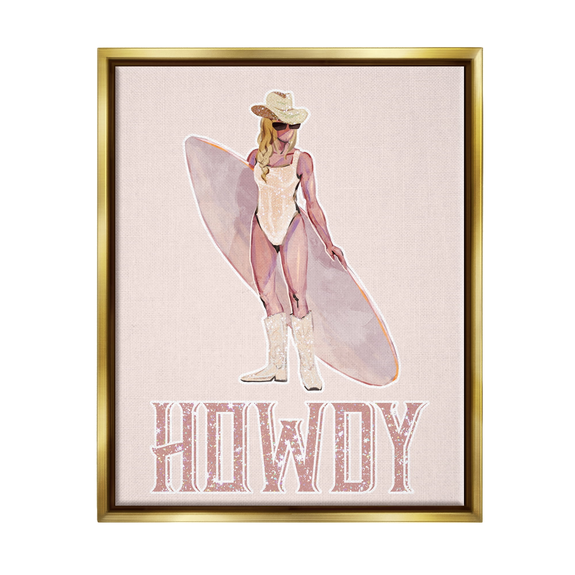 Stupell Industries Howdy Coastal Cowgirl Sports Painting Gold Floater Framed Canvas Art Print Wall Art, 17 x 21