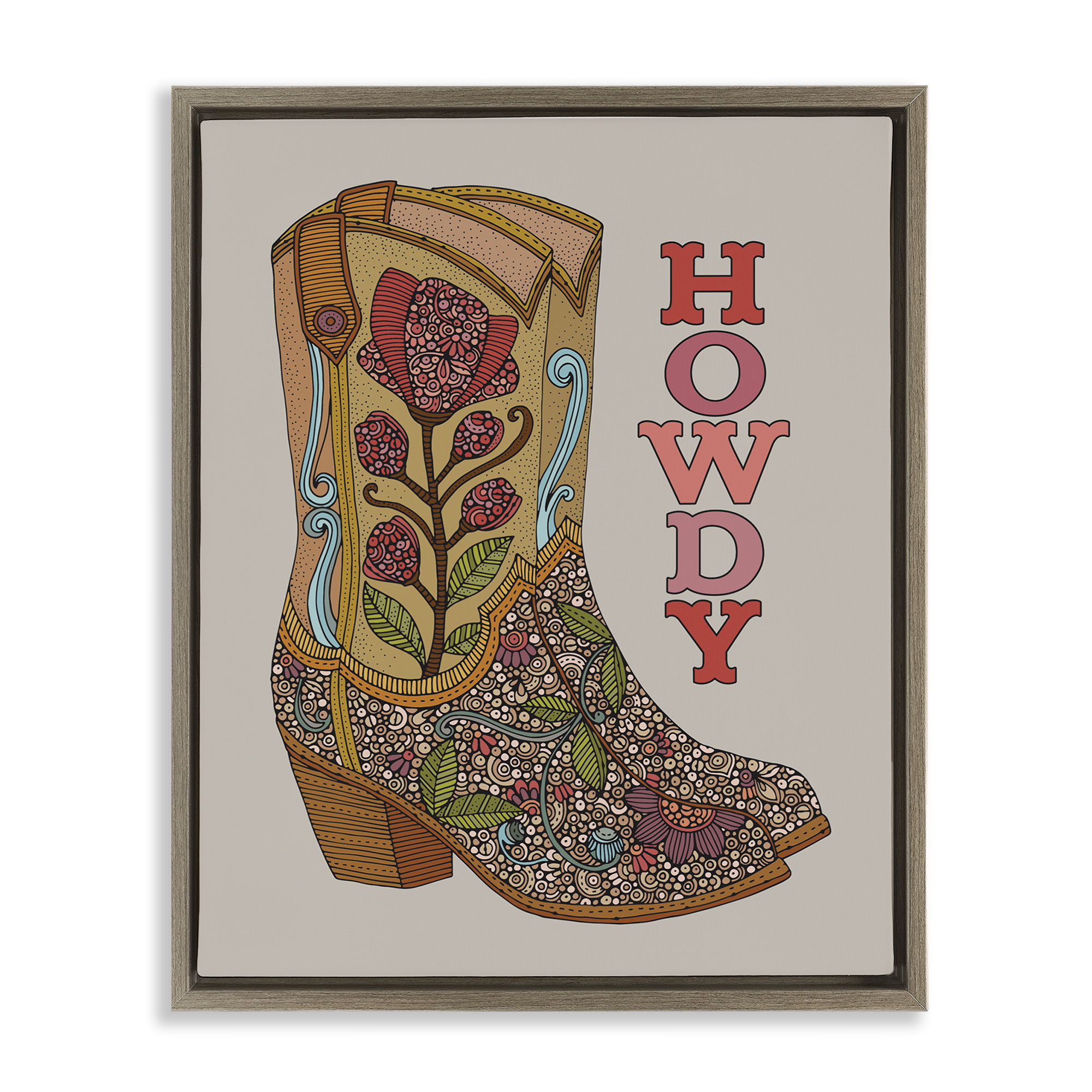 Stupell Industries Howdy Cowboy Boots Typography Painting Brown Floater Framed Canvas Art Print Wall Art, 25 x 31