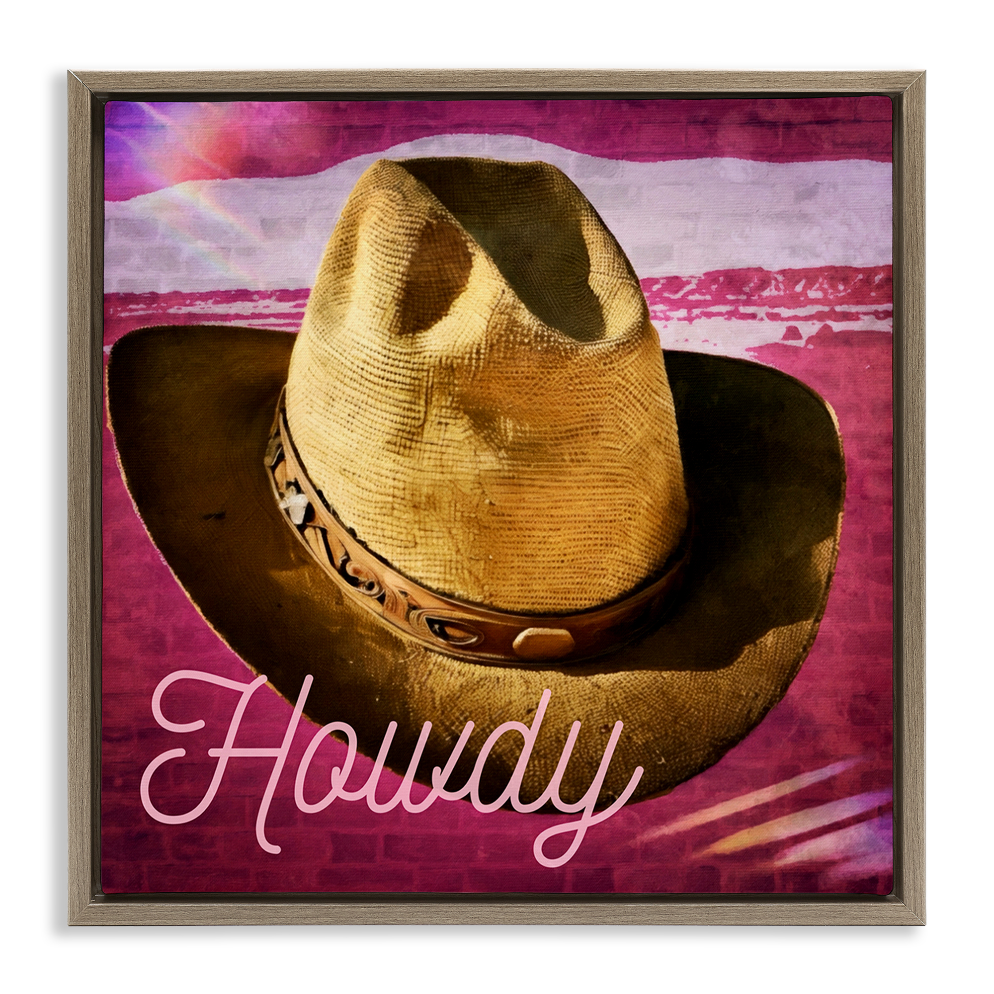 Stupell Industries Howdy Cowboy Hat on Pink Text & Numbers Painting Brown Floater Framed Canvas Art Print Wall Art, 25 x 25