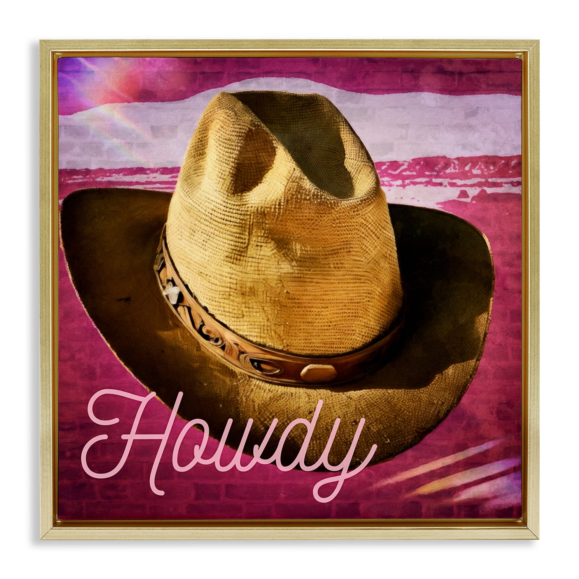 Stupell Industries Howdy Cowboy Hat on Pink Text & Numbers Painting Gold Floater Framed Canvas Art Print Wall Art, 25 x 25