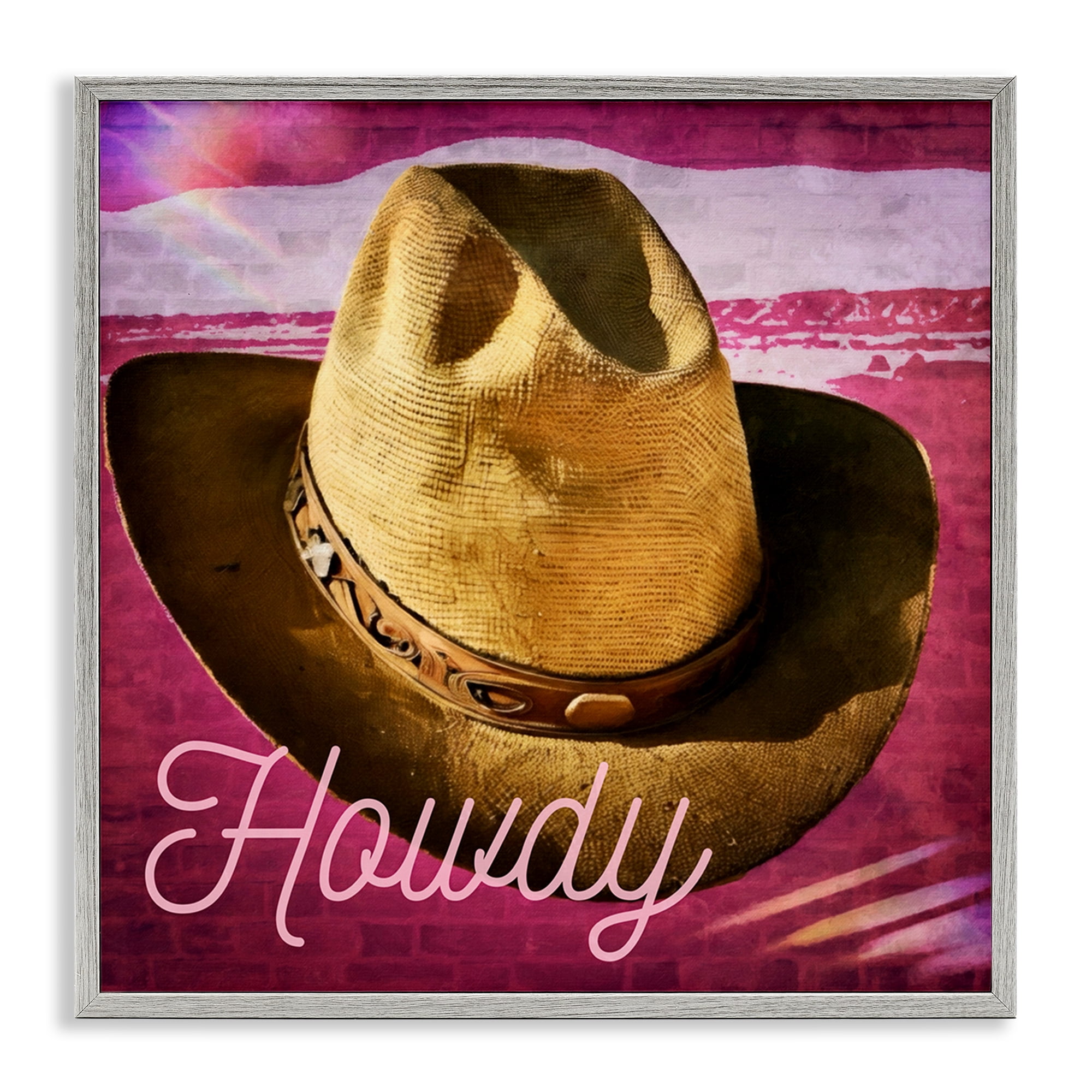 Stupell Industries Howdy Cowboy Hat on Pink Text & Numbers Painting Gray Framed Art Print Wall Art, 12 x 12