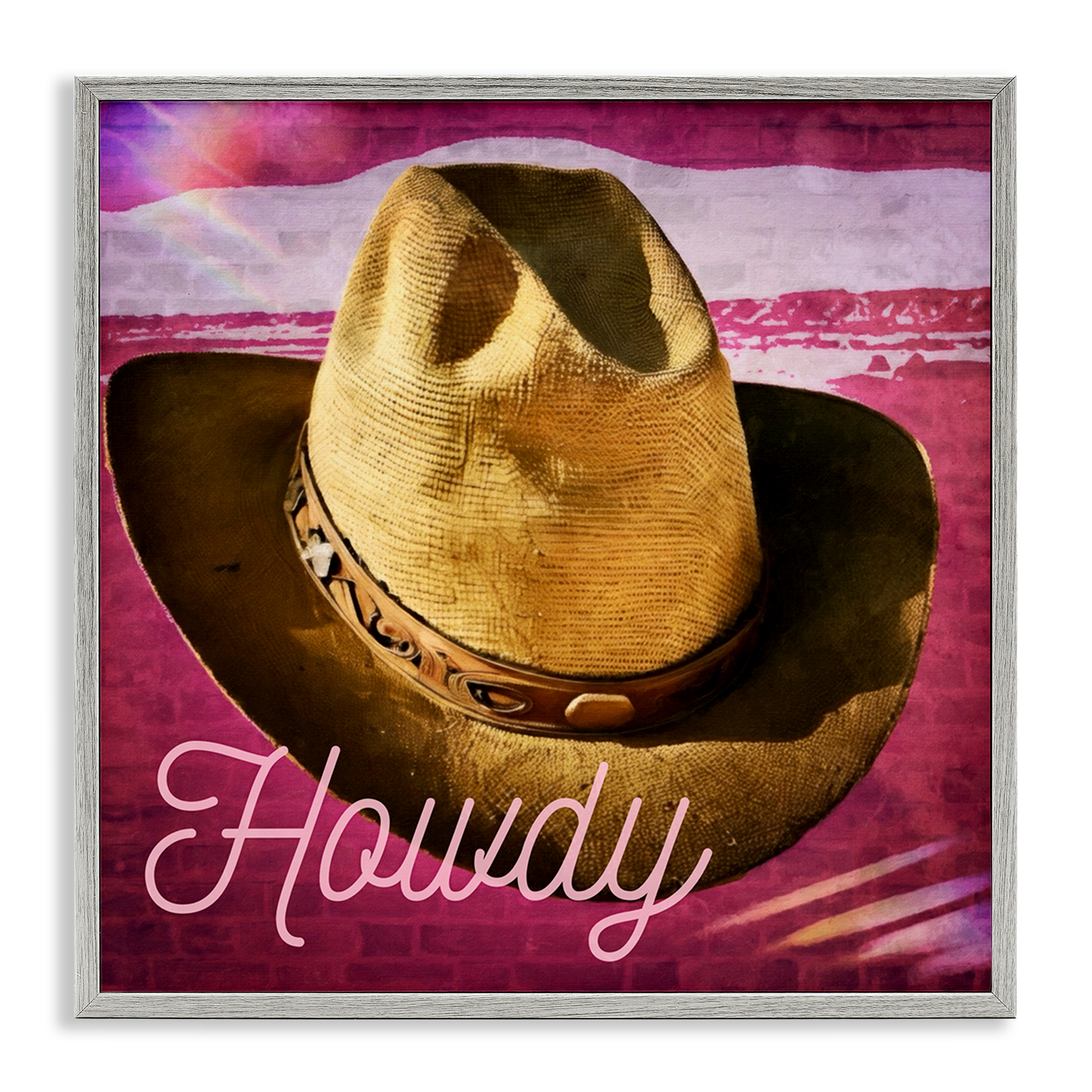 Stupell Industries Howdy Cowboy Hat on Pink Text & Numbers Painting Gray Framed Art Print Wall Art, 24 x 24