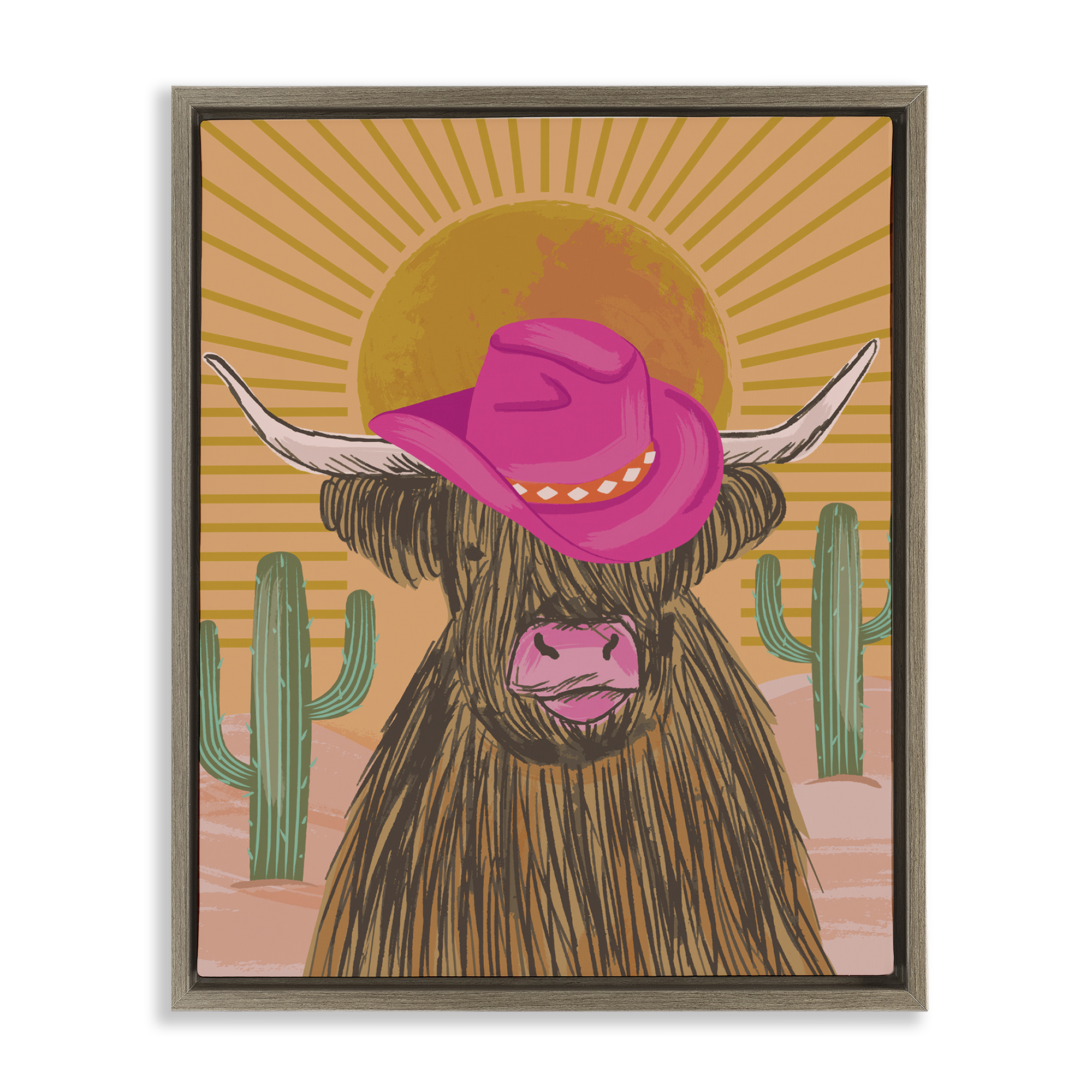 Stupell Industries Howdy Cowgirl Cattle Animals Painting Brown Floater Framed Canvas Art Print Wall Art, 17 x 21