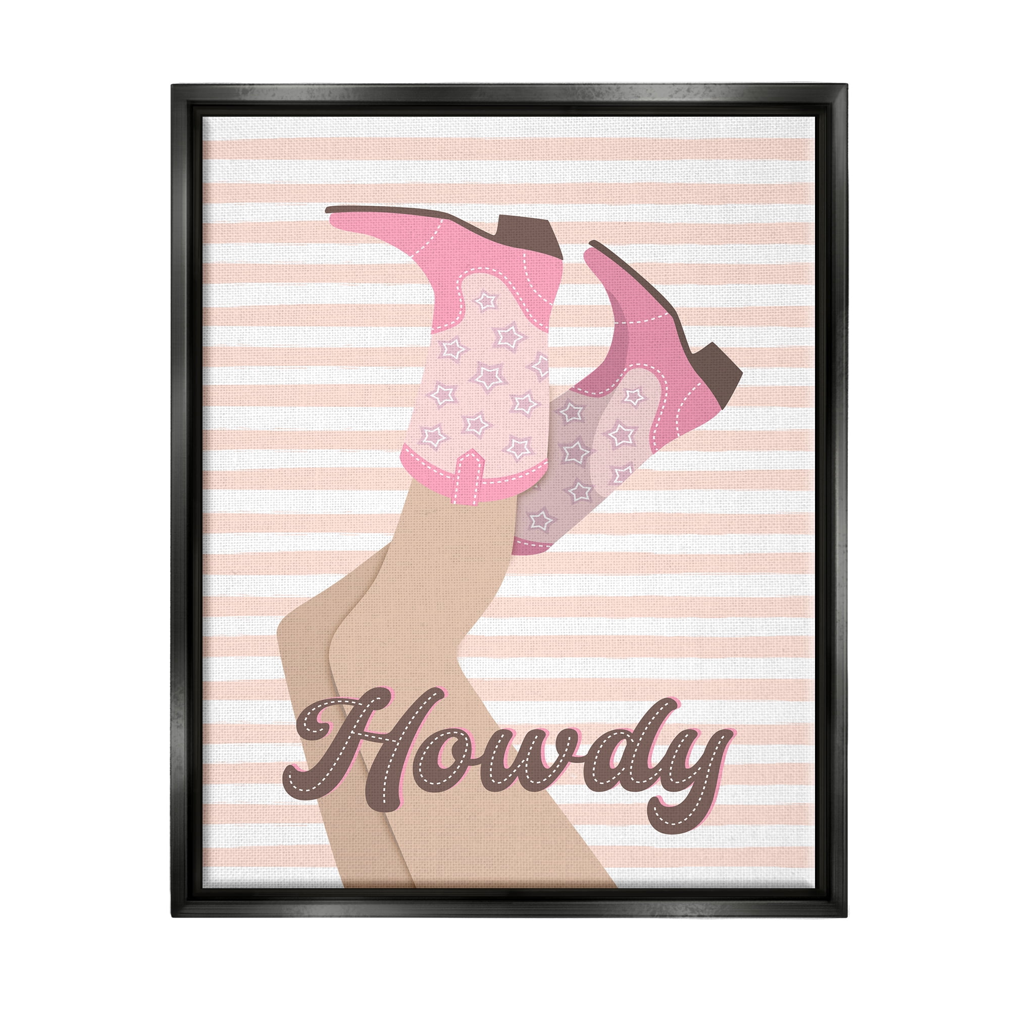 Stupell Industries Howdy Cowgirl on Stripes Abstract Painting Black Floater Framed Canvas Art Print Wall Art, 25 x 31