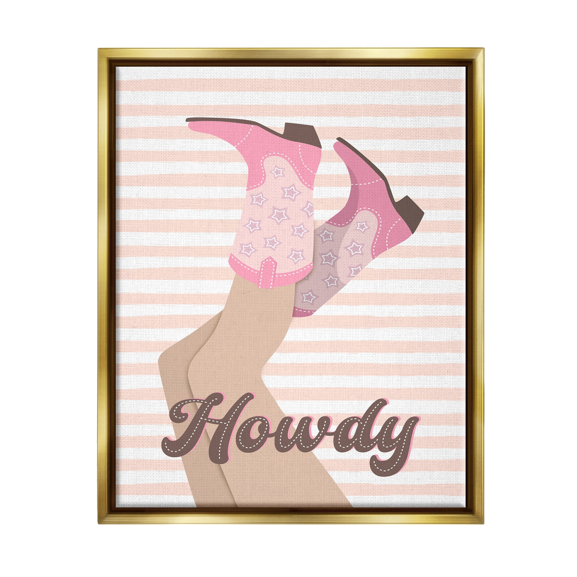 Stupell Industries Howdy Cowgirl on Stripes Abstract Painting Gold Floater Framed Canvas Art Print Wall Art, 17 x 21