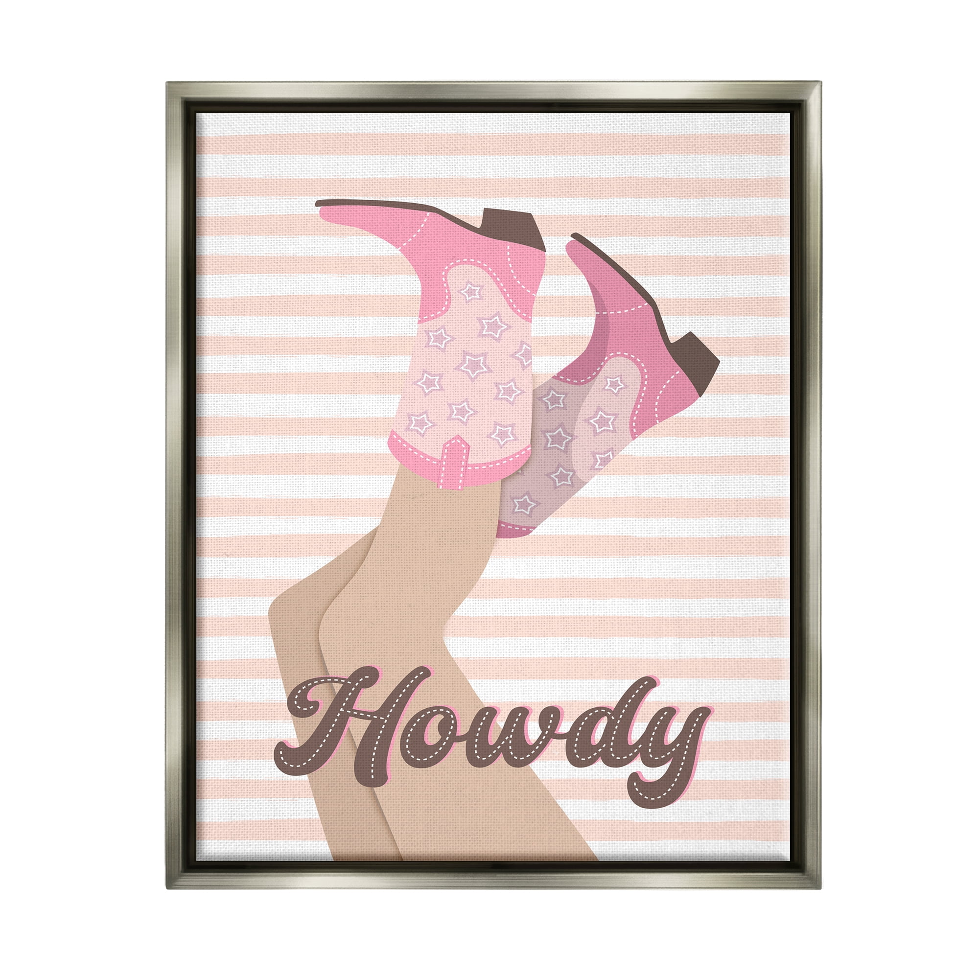 Stupell Industries Howdy Cowgirl on Stripes Abstract Painting Gray Floater Framed Canvas Art Print Wall Art, 25 x 31