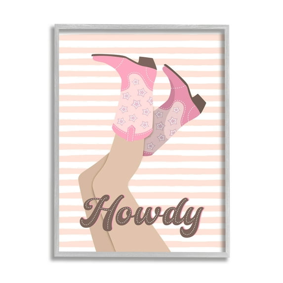 Stupell Industries Howdy Cowgirl on Stripes Abstract Painting Gray Framed Art Print Wall Art, 11 x 14