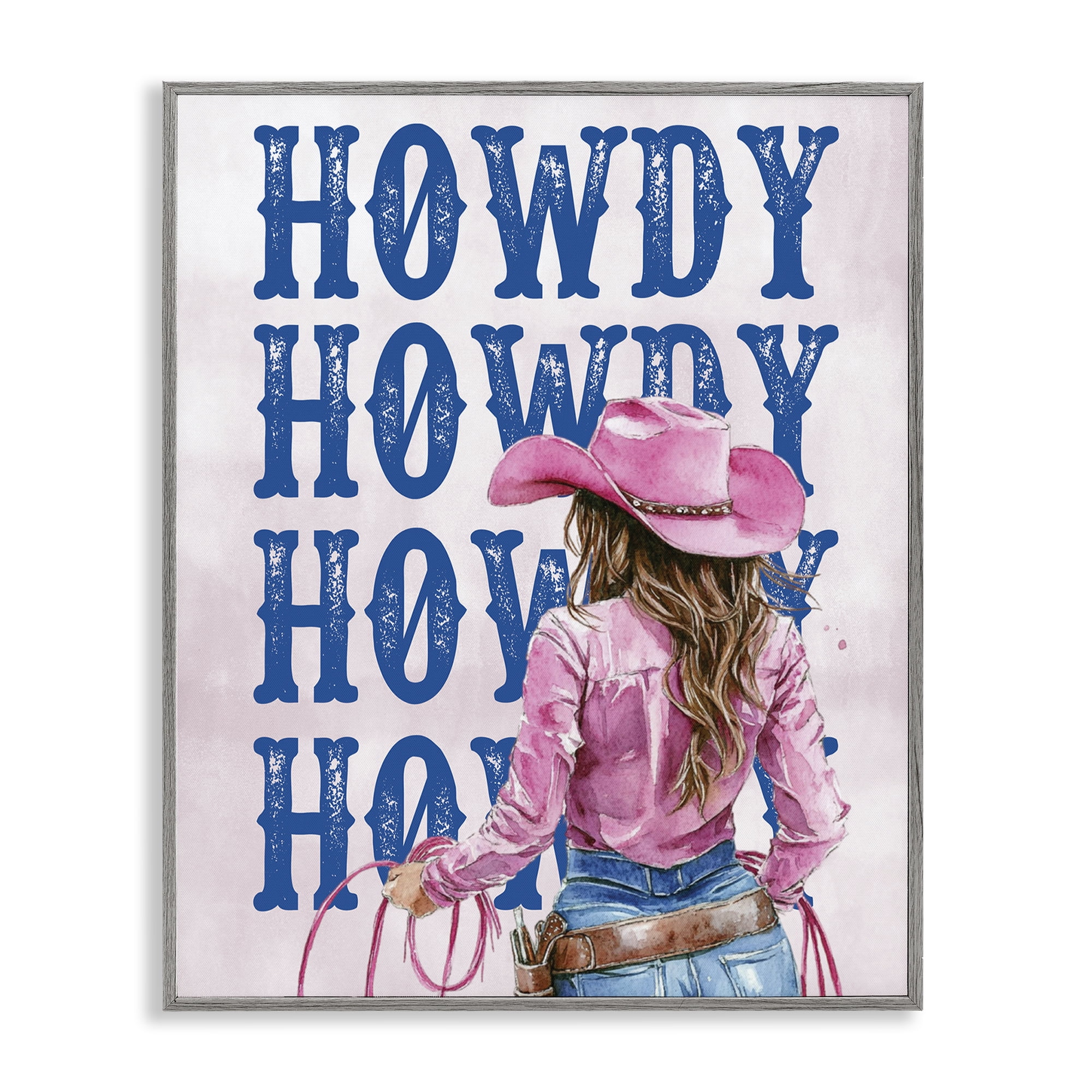 Stupell Industries Howdy Cowgirl with Lasso People Painting Gray Framed Art Print Wall Art, 16 x 20