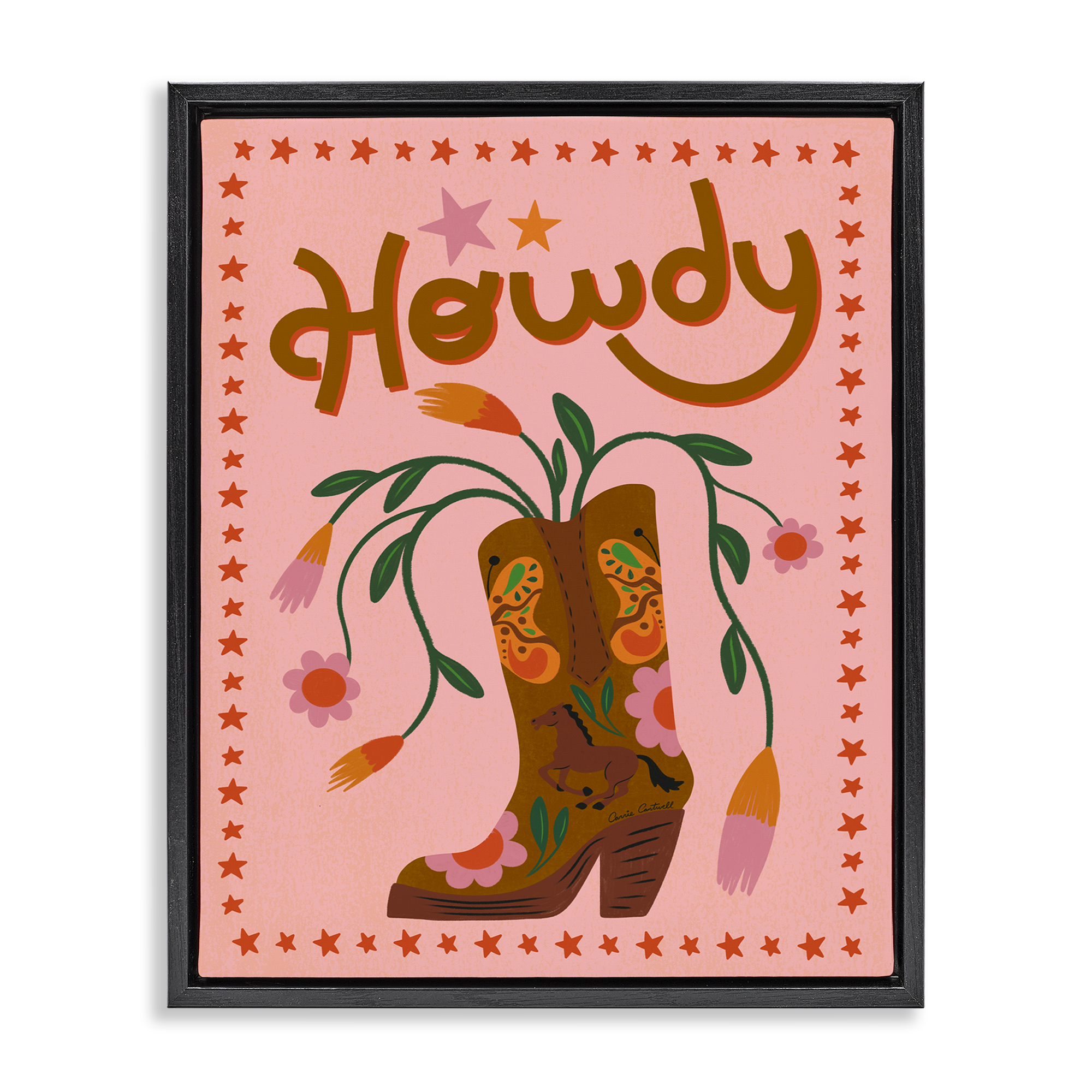 Stupell Industries Howdy Floral Cowgirl Boots Entertainment Painting Black Floater Framed Canvas Art Print Wall Art, 25 x 31