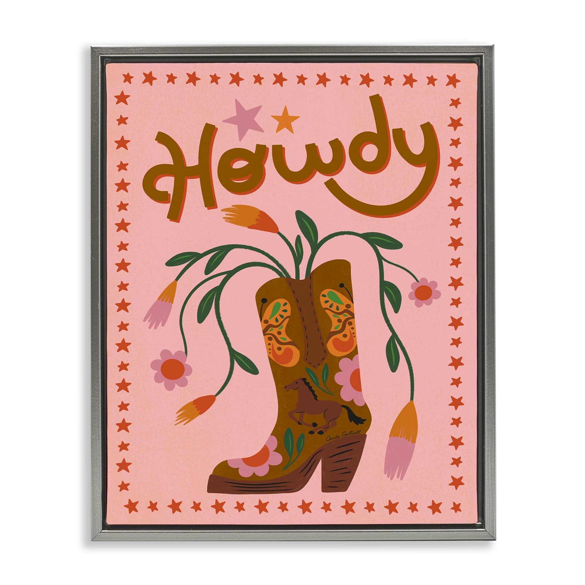 Stupell Industries Howdy Floral Cowgirl Boots Entertainment Painting Gray Floater Framed Canvas Art Print Wall Art, 17 x 21