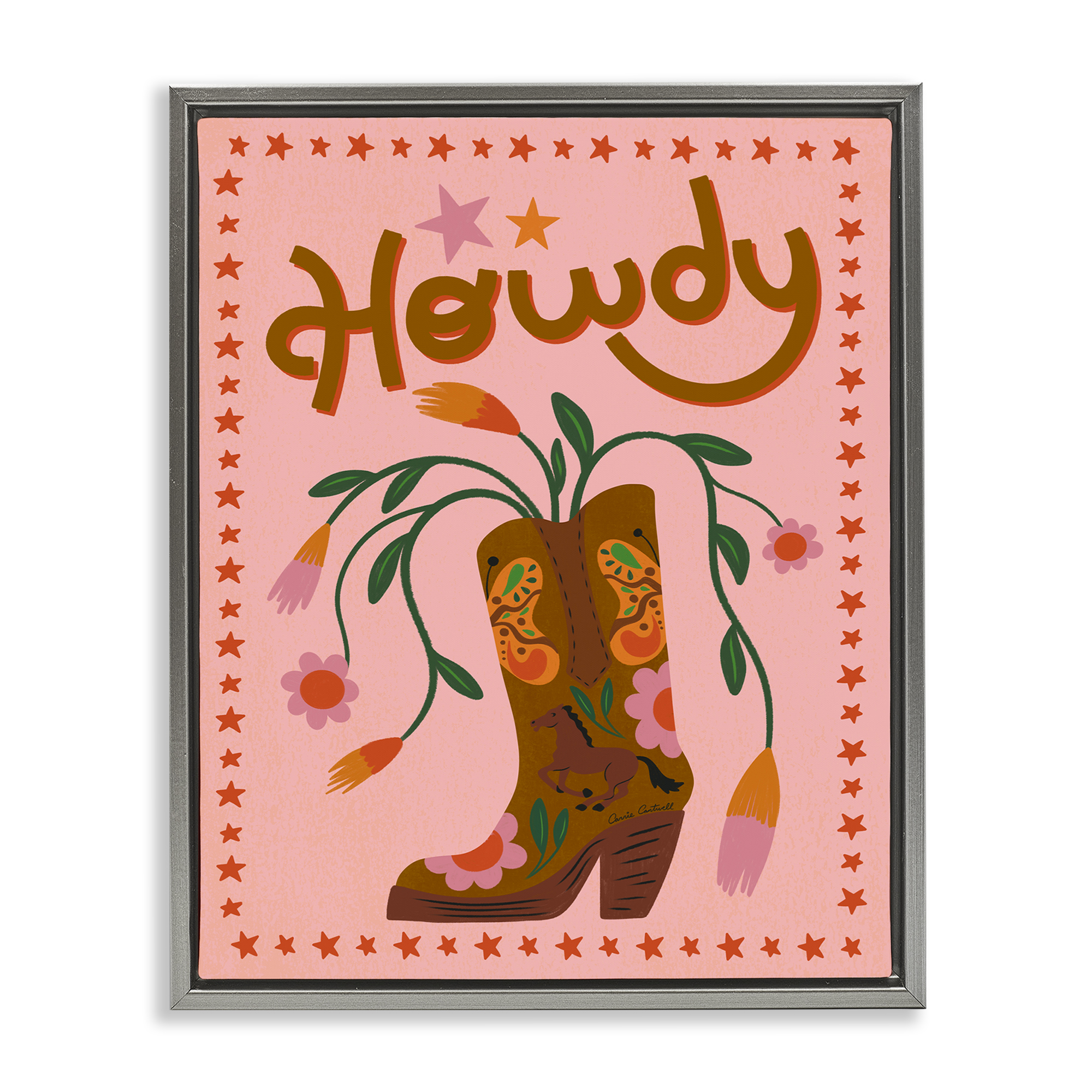 Stupell Industries Howdy Floral Cowgirl Boots Entertainment Painting Gray Floater Framed Canvas Art Print Wall Art, 25 x 31