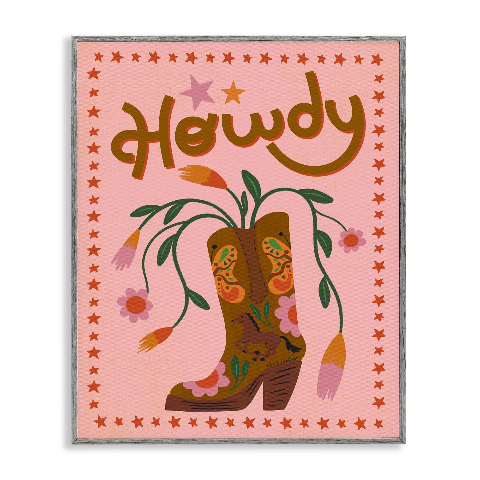 Stupell Industries Howdy Floral Cowgirl Boots Entertainment Painting Gray Framed Art Print Wall Art, 11 x 14