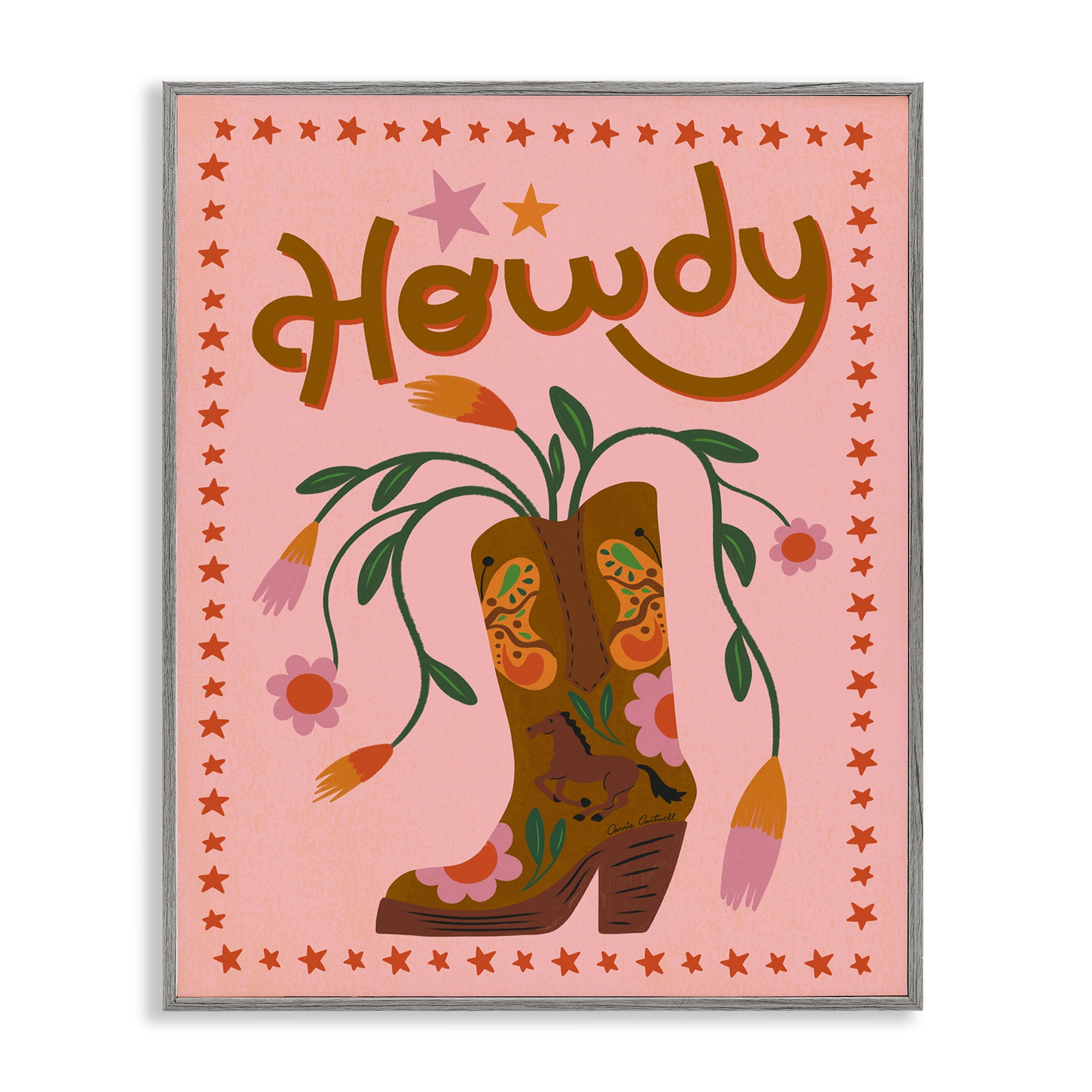 Stupell Industries Howdy Floral Cowgirl Boots Entertainment Painting Gray Framed Art Print Wall Art, 24 x 30