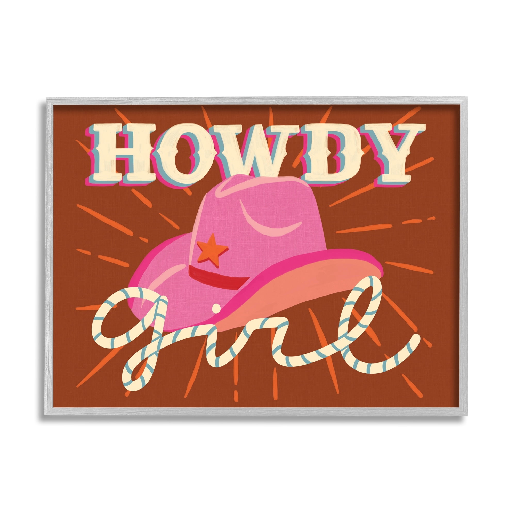 Stupell Industries Howdy Girl Cowboy Hat Phrase Inspirational Painting Gray Framed Art Print Wall Art
