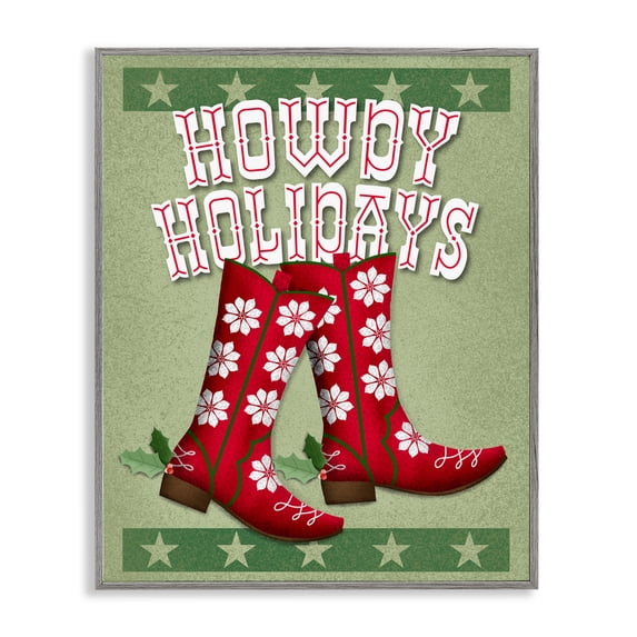 Stupell Industries - Howdy Holidays Cowboy Boots Gray Framed Giclee Art, 16 x 20, Made In USA