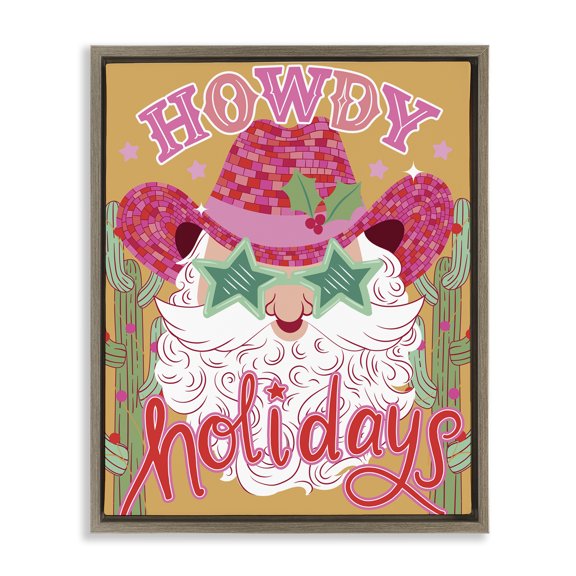 Stupell Industries Howdy Holidays Cowboy Santa Quotes and Sayings Painting Brown Floater Framed Canvas Art Print Wall Art, 17 x 21