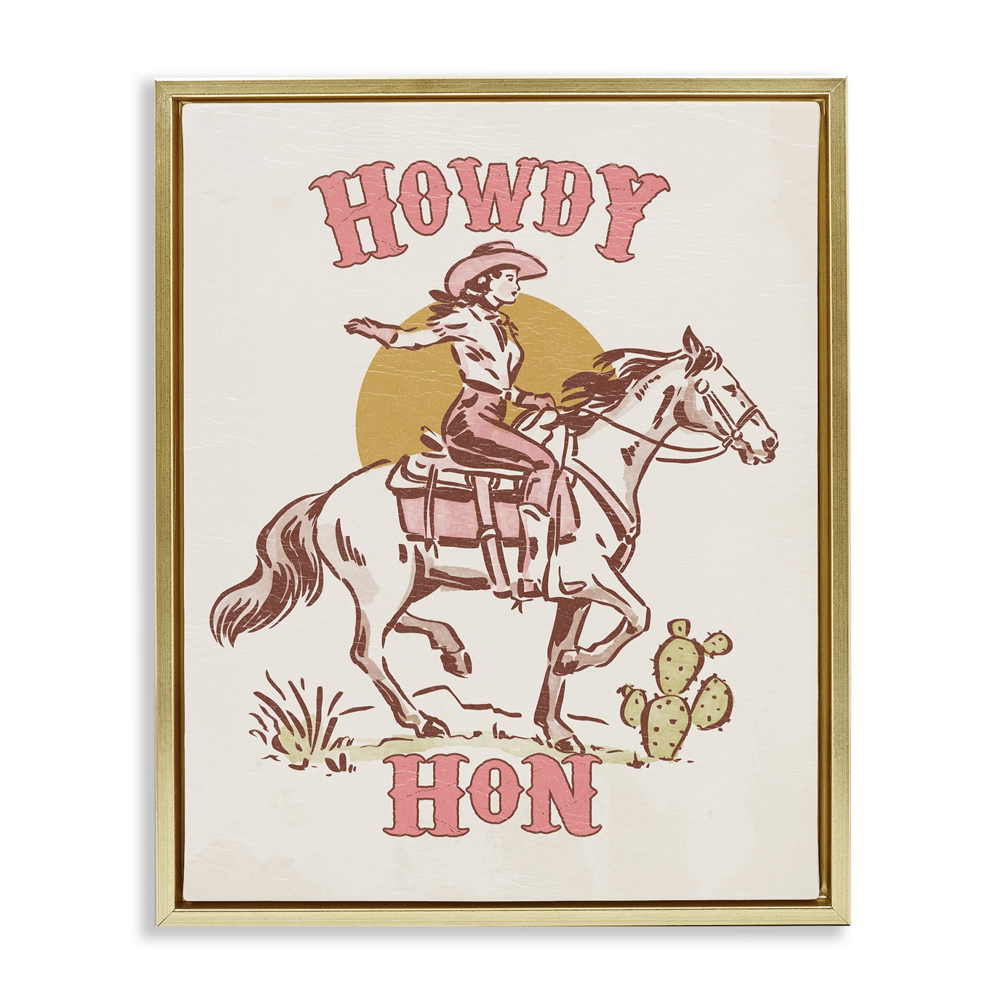 Stupell Industries Howdy Hon Cowgirl Entertainment Painting Gold Floater Framed Canvas Art Print Wall Art, 25 x 31