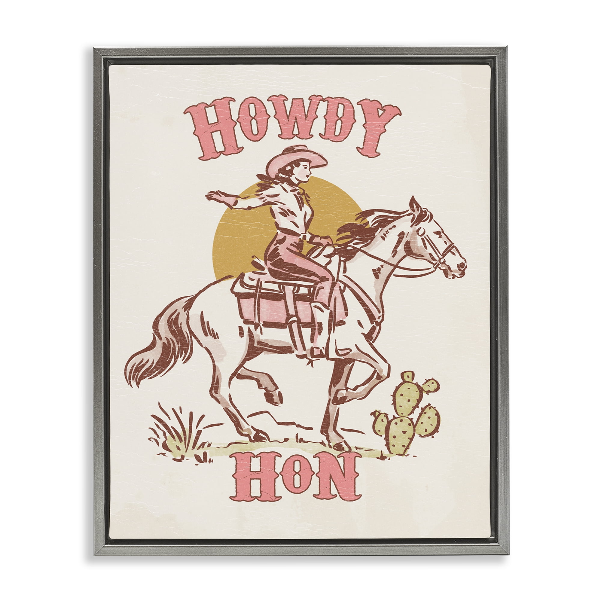 Stupell Industries Howdy Hon Cowgirl Entertainment Painting Gray Floater Framed Canvas Art Print Wall Art, 17 x 21
