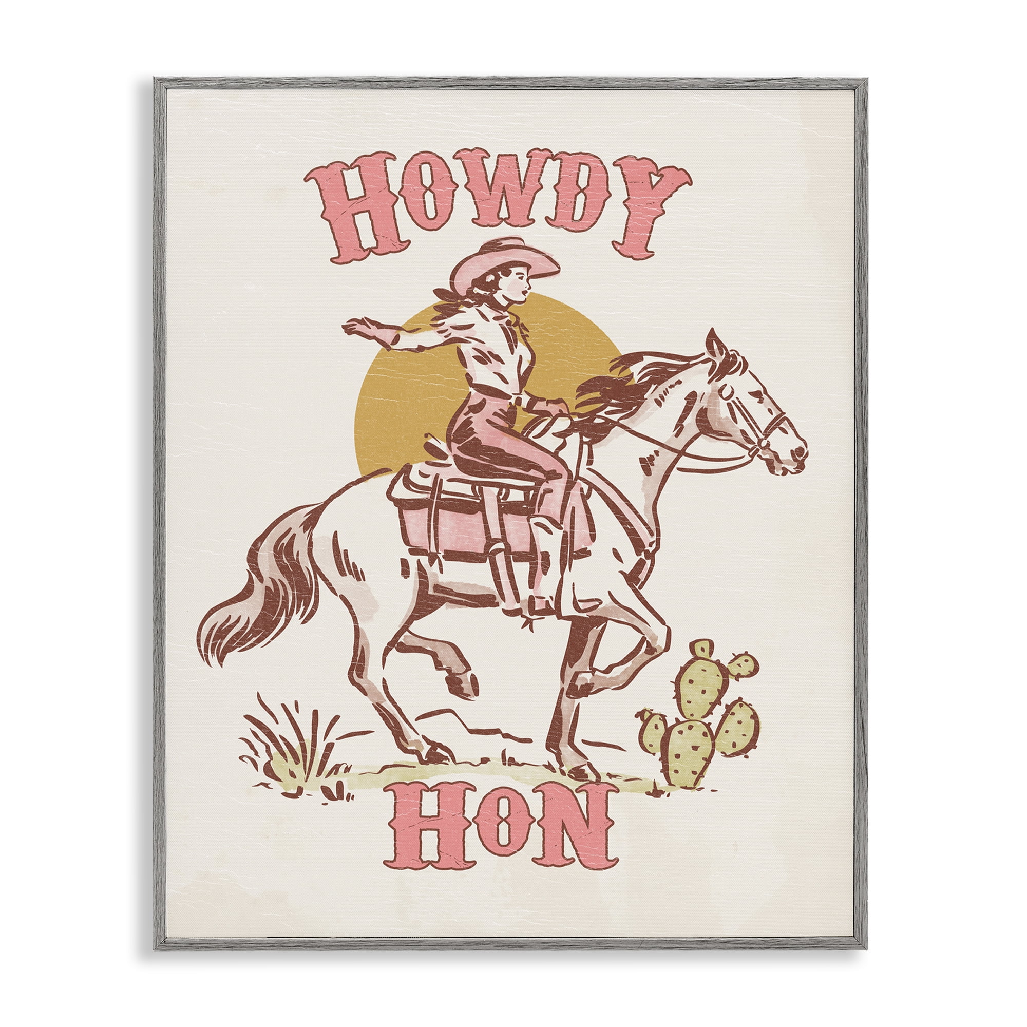 Stupell Industries Howdy Hon Cowgirl Entertainment Painting Gray Framed Art Print Wall Art, 24 x 30