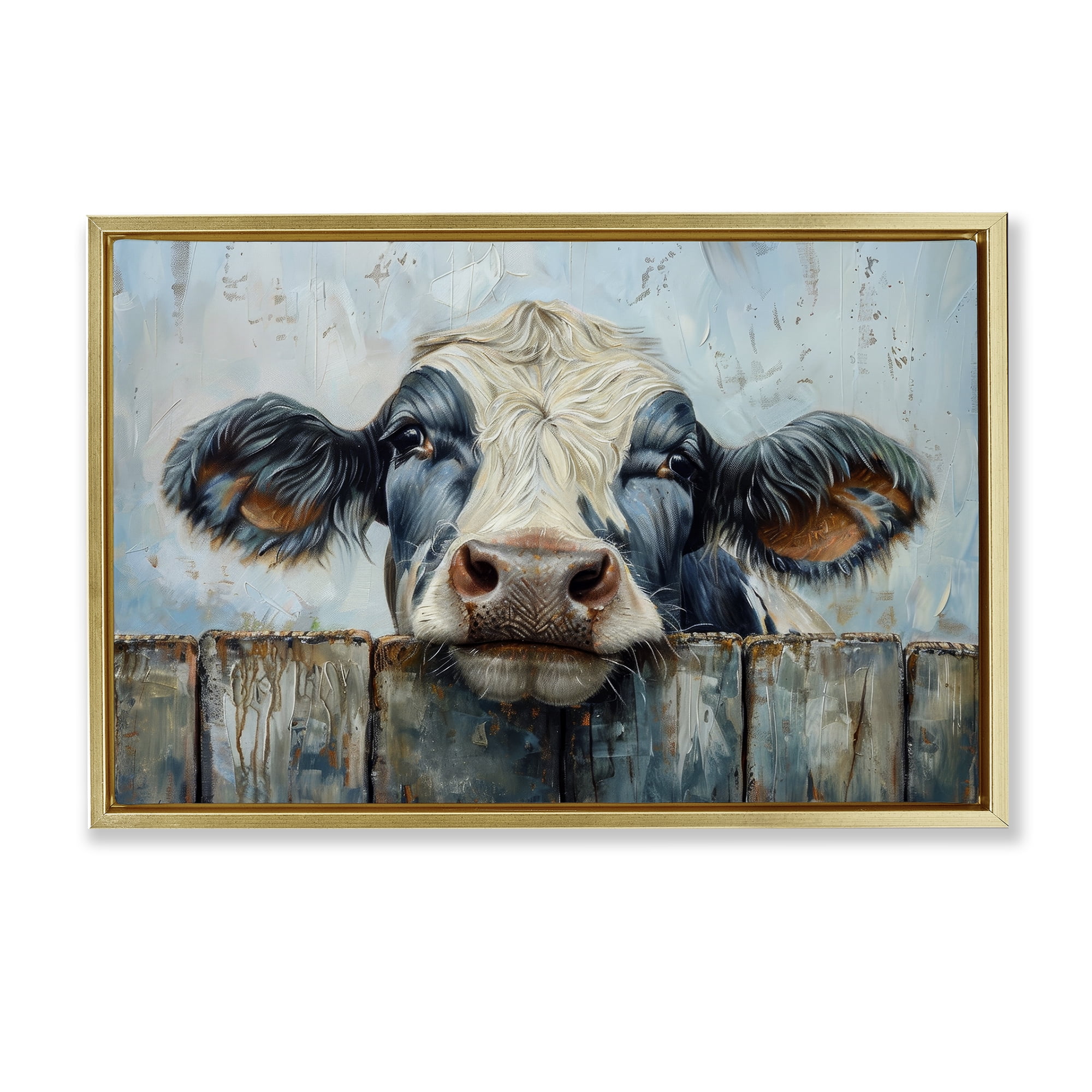 Stupell Industries Howdy Neighbor Cow Animals & Insects Painting Gold Floater Framed Canvas Art Print Wall Art, 31 x 21