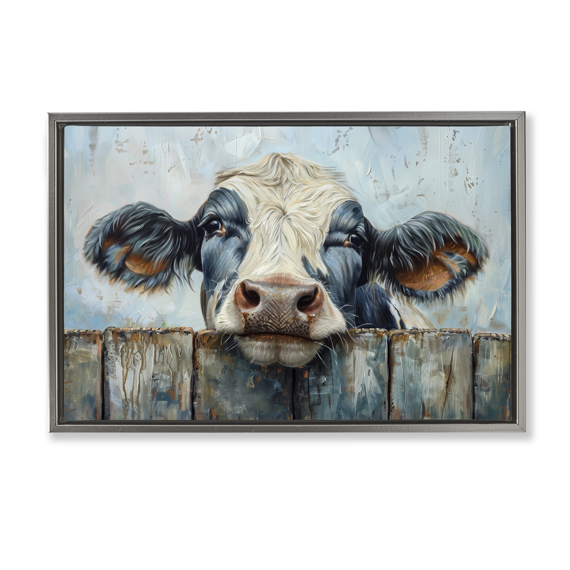 Stupell Industries Howdy Neighbor Cow Animals & Insects Painting Gray Floater Framed Canvas Art Print Wall Art, 25 x 17