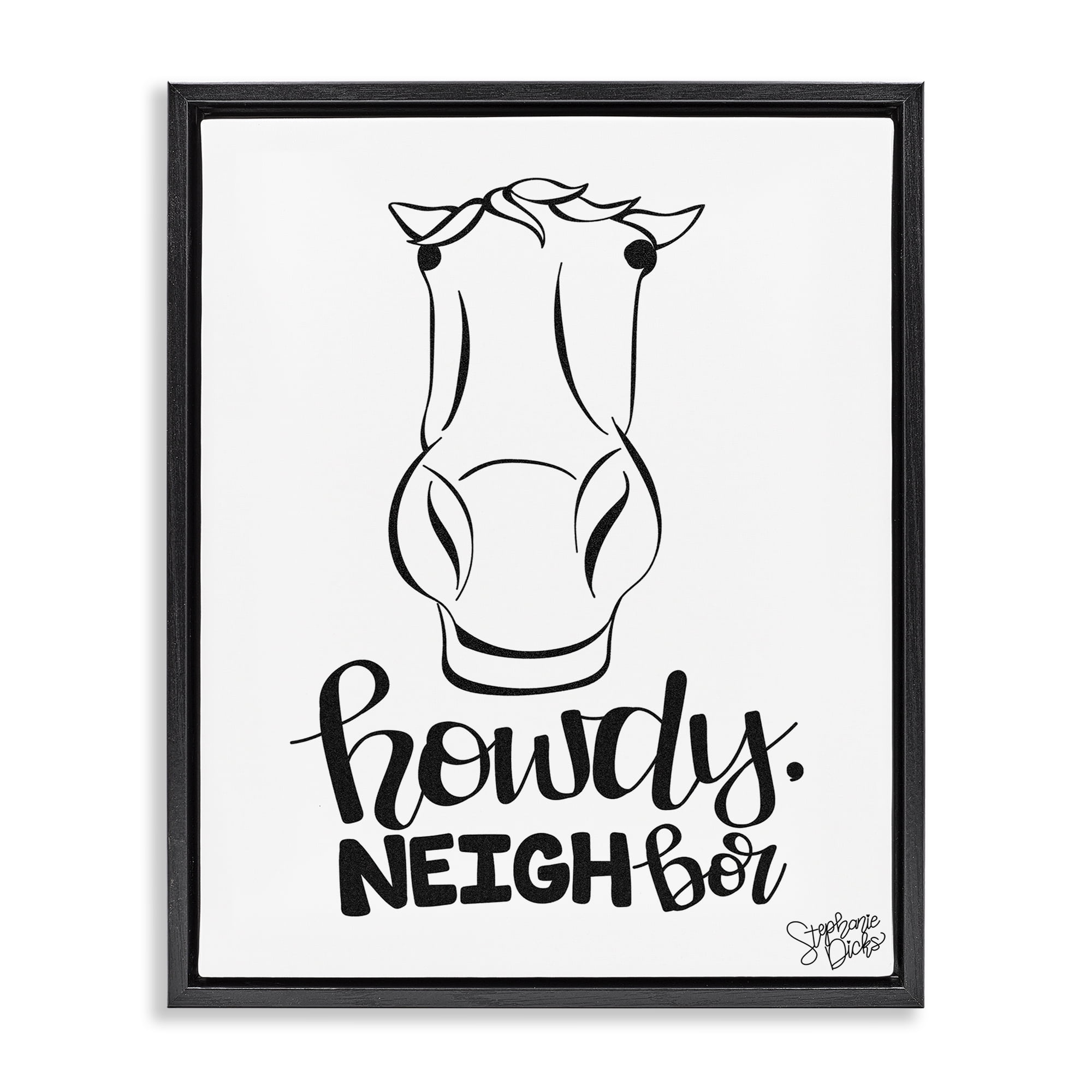 Stupell Industries Howdy Neighbor with Horse Animals Painting Black Floater Framed Canvas Art Print Wall Art, 25 x 31
